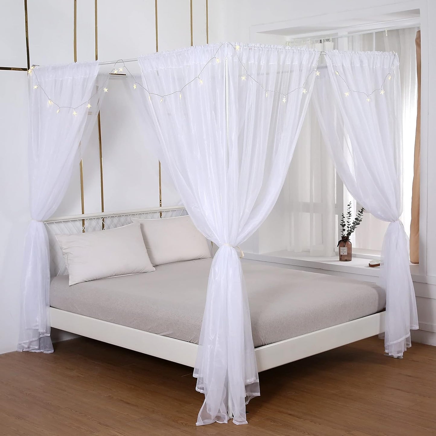 Akiky Canopy for Girls Room Bed Curtains Elegant Sheer Curtain for Twin Full Queen King Size Bed Drapes,8 Panels Canopies with Light,Room Décor(Full/Queen,Black)