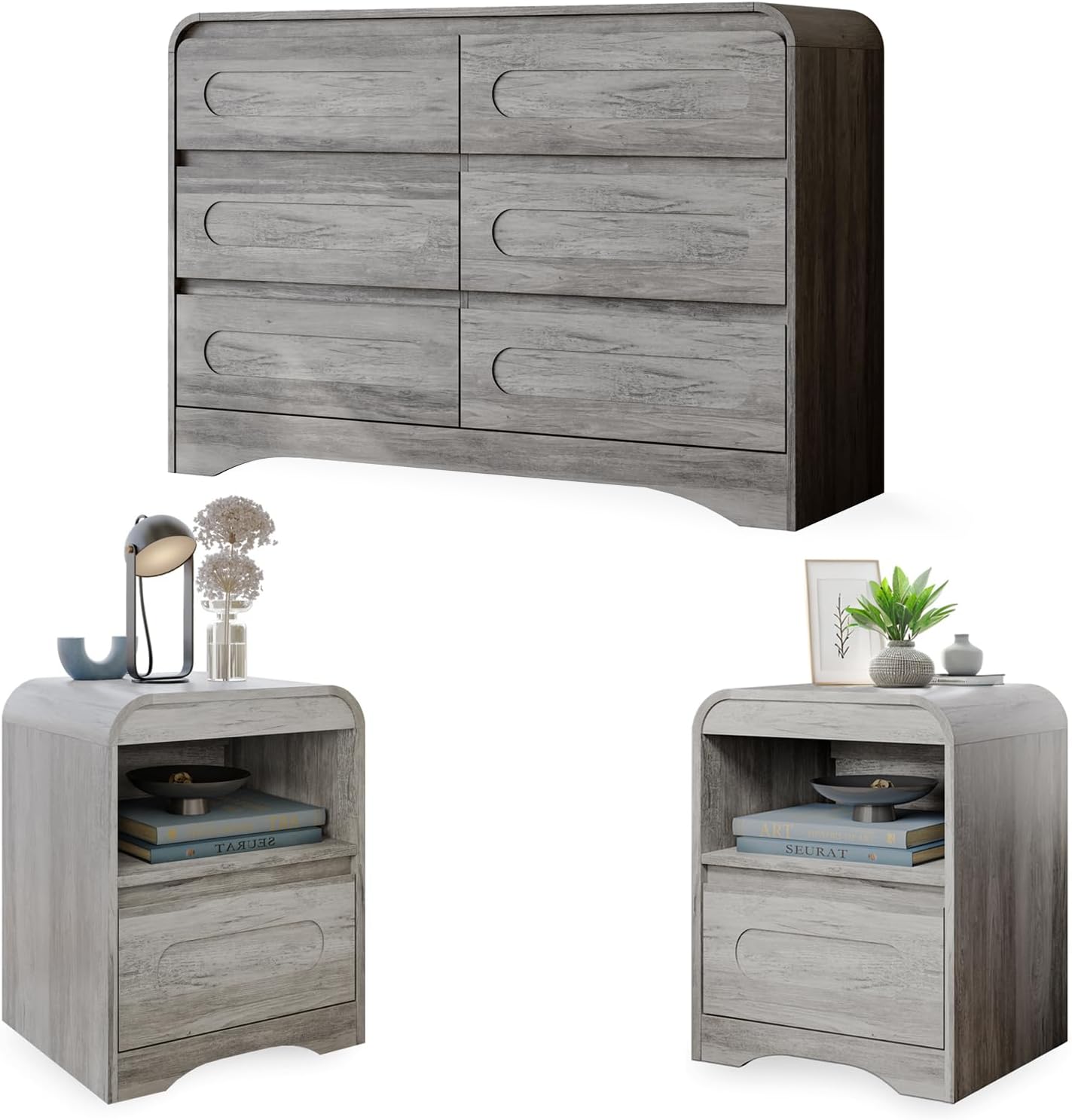 4 Pcs Bedroom Set, Dresser and Nightstand Sets, Including Modern Wooden Tall 6 Drawer Dressers, Wide 6 Drawers Dresser & Night Stand Set of 2 for Bedroom, Black