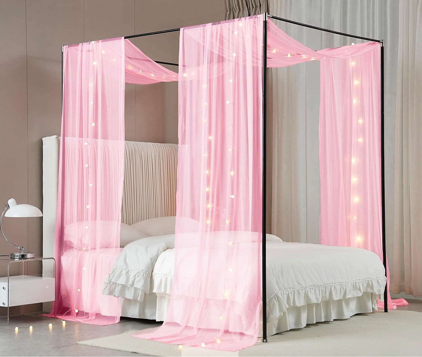 Akiky Canopy Bed Curtains with Light Princess Bed Canopy Scarf for Full/Queen Metal Bed Frame,Wood Frame Bed-2 Panel Sheer Curtain(Full/Queen,White)