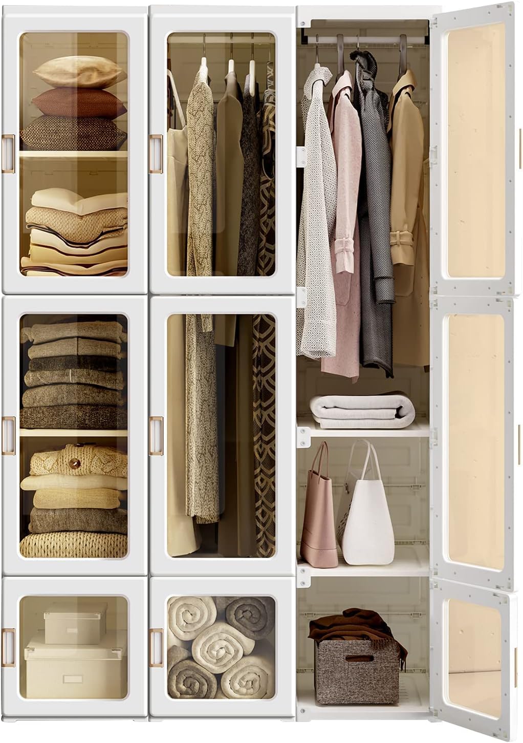 ANTBOX Portable Wardrobe Closet Storage Organizer for Clothes,Transparent Door Panels,Suitable for Living Room, Bedroom,Plastic Wardrobe with Magnetic Door and Easy Assembly (3 Hanging Rod)