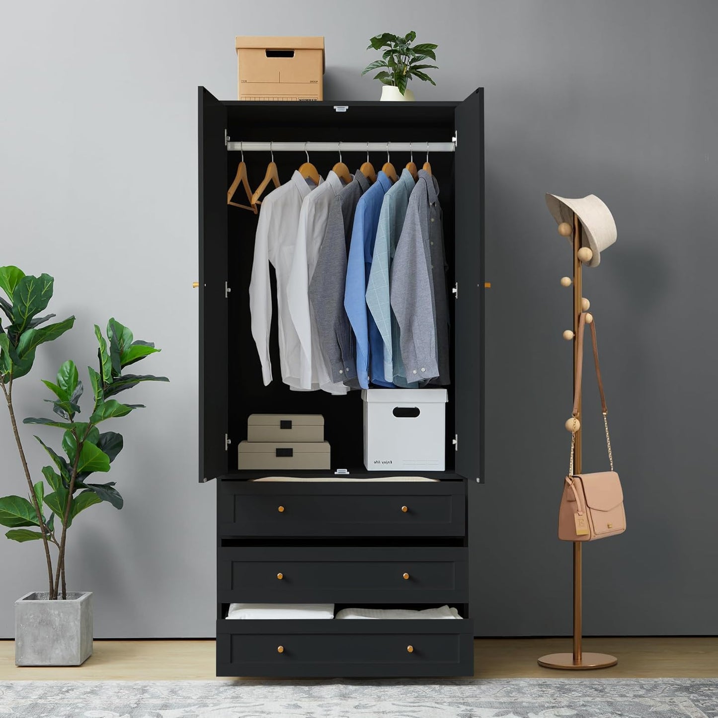 Armoire Wardrobe Closet with 4 Doors and 6 Drawers, 70.87" Tall Wooden Clothes Closet Wardrobe Cabinet, Freestanding Bedroom Storage Armoire for Hanging Clothes, 2-Piece (Black)