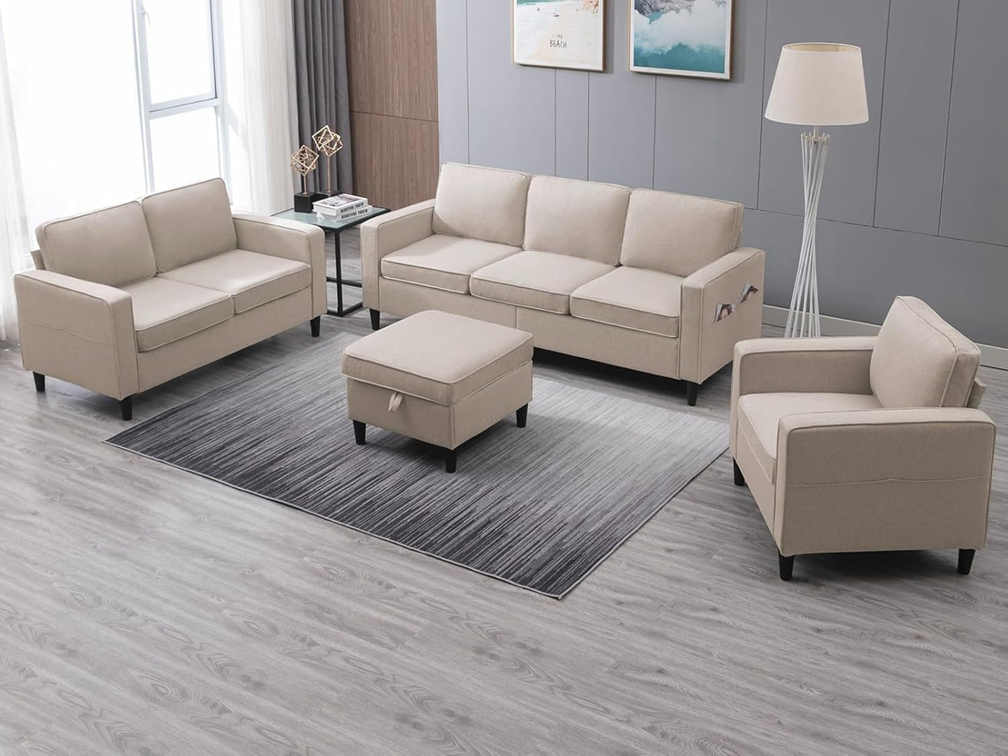 4 Piece Living Room Sofa Sets, 3 Seat Sofa and Loveseat & Chair Set, Modular Sectional Sofas Couch with Storage Ottoman & Armchair, Furniture Couches for Living Room, Bedroom - Light Grey