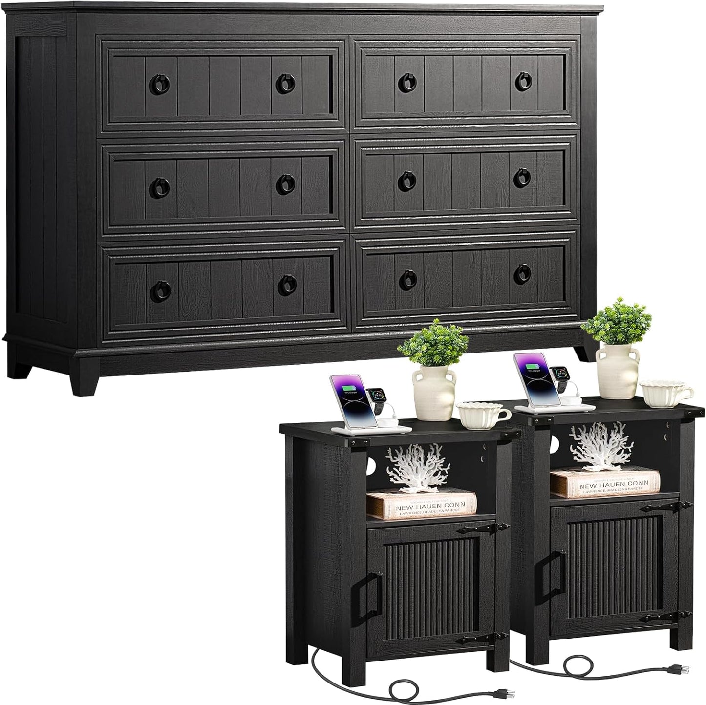 Farmhouse Dresser and Nightstand Sets 3 Piece, Furniture Set 18" Night Stand with Charging Station and 6 Drawers Dressers for Bedroom, 54" Dresser and Nightstand Set for Bedroom, Living Room