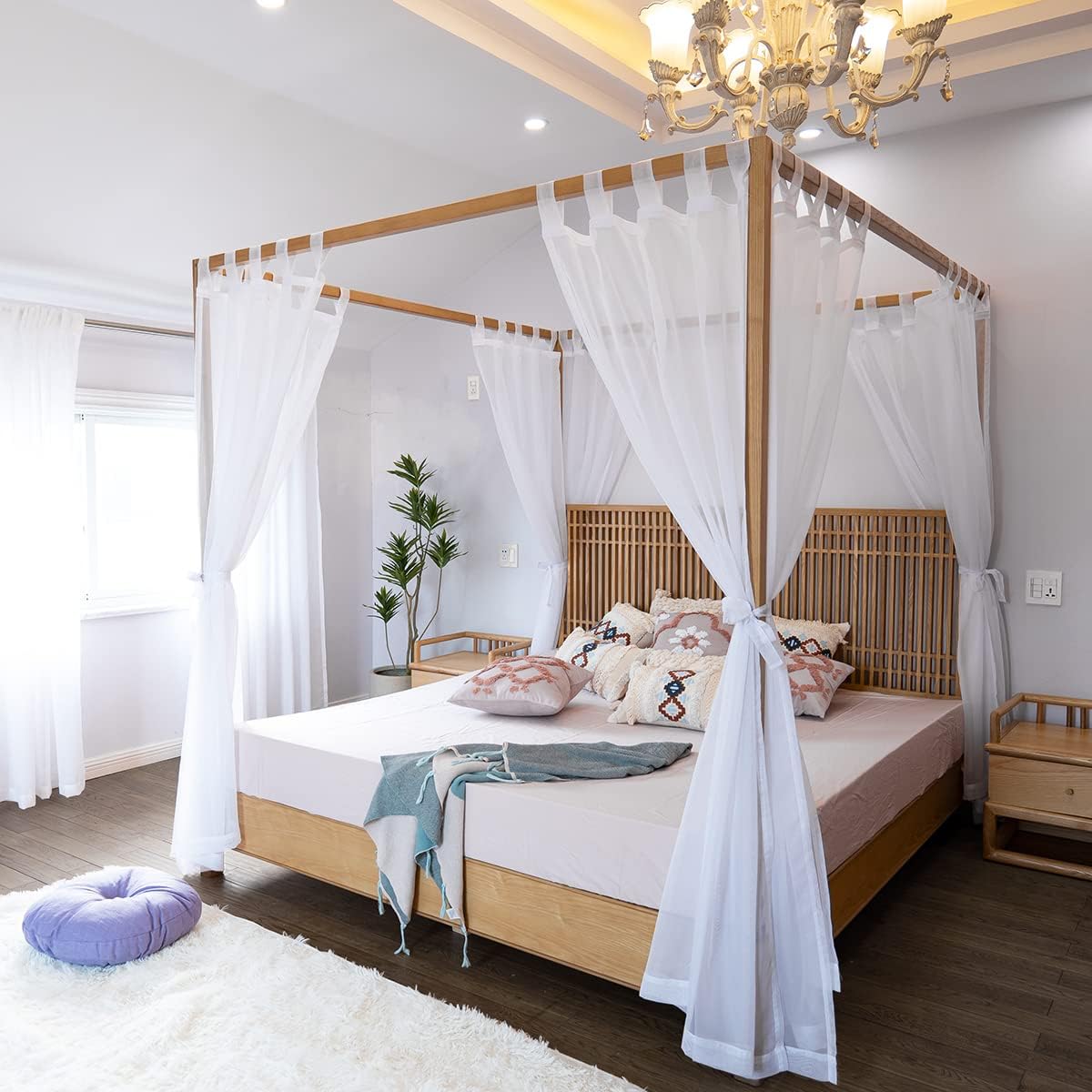 Linentalks Sheer Canopy Bed Curtains for King, Queen, Full and Twin Bed, 4 Corner Bed Canopies & Drapes, Four Poster Bed Canopy Curtains Beds, Sheer Curtains for Canopy Bed Drapes, White