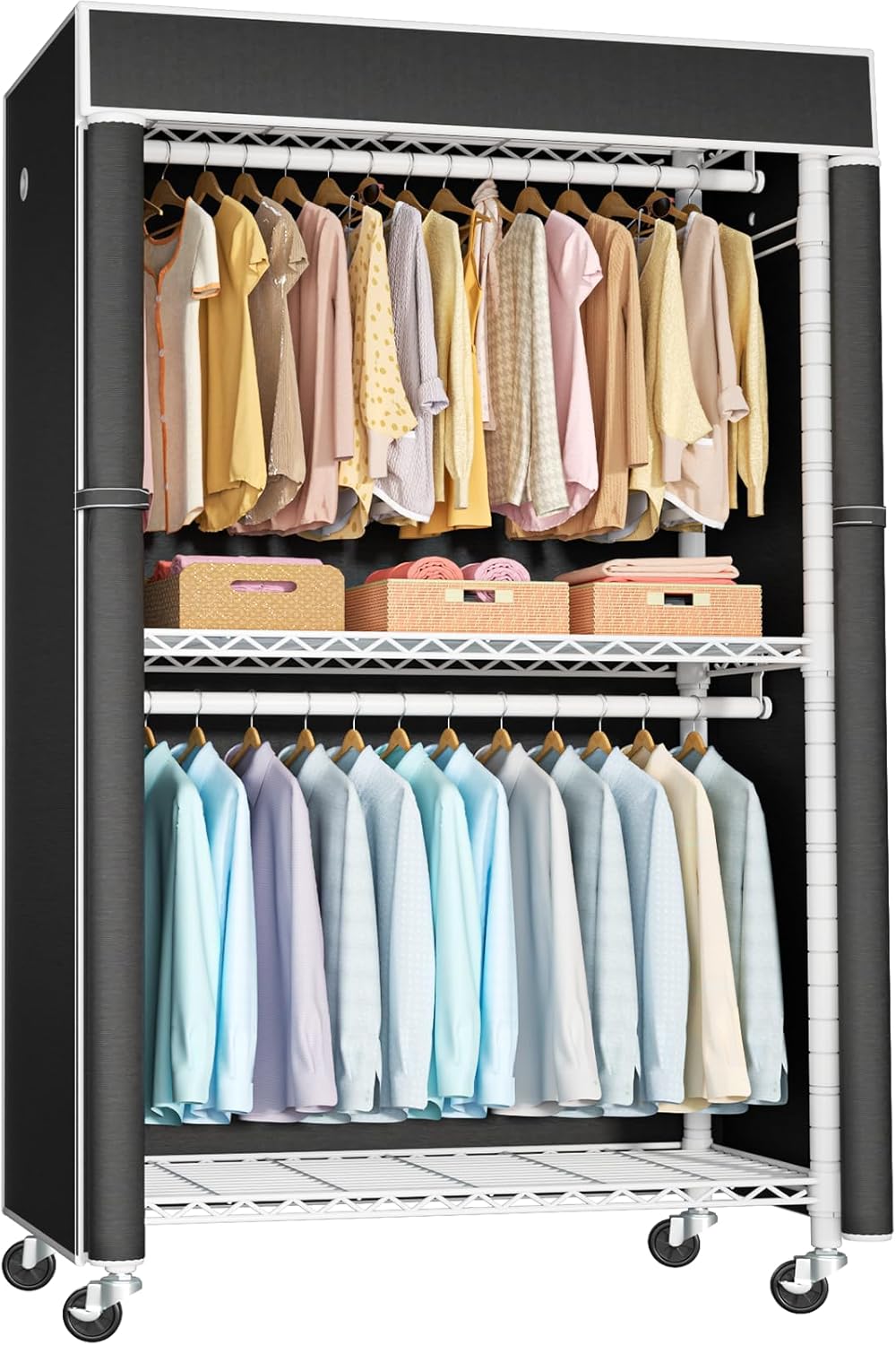 Clothing Rack with Cover, P1C Rolling Closets with Wheels, Metal Garment Rack for Hanging Clothes, Clothing Storage Wardrobe with Cover, 36.2" W x 16.5" D x 80.5" H, Black, Load 450 Pounds