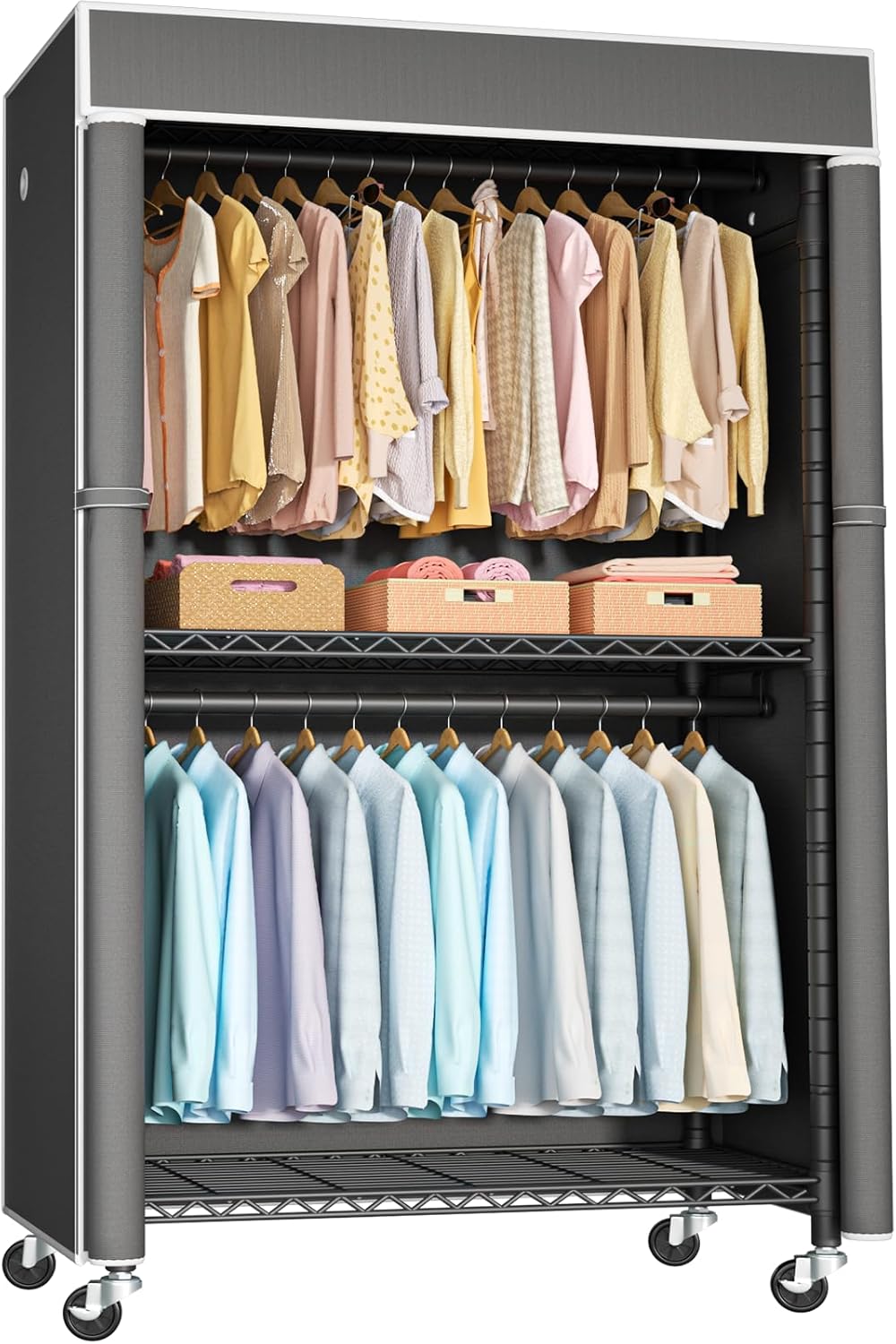 Clothing Rack with Cover, P1C Rolling Closets with Wheels, Metal Garment Rack for Hanging Clothes, Clothing Storage Wardrobe with Cover, 36.2" W x 16.5" D x 80.5" H, Black, Load 450 Pounds