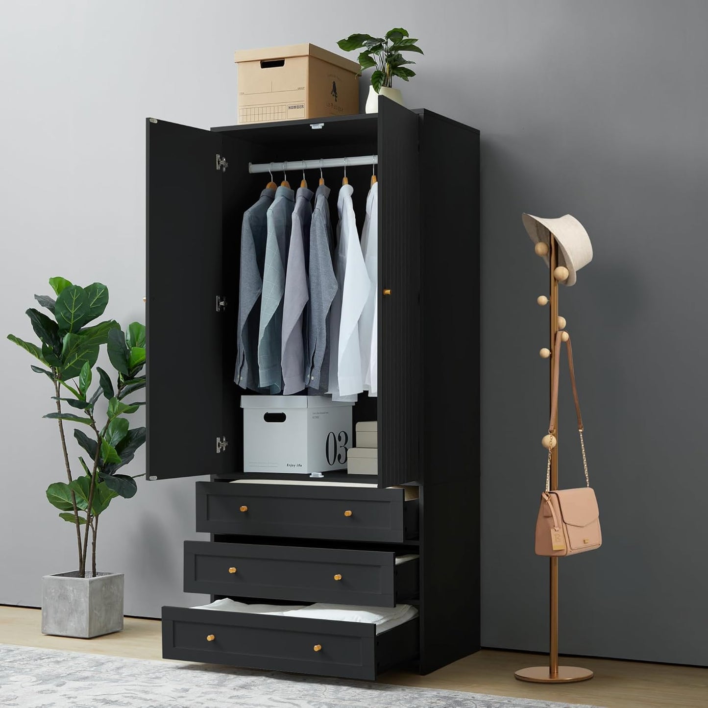 Armoire Wardrobe Closet with 4 Doors and 6 Drawers, 70.87" Tall Wooden Clothes Closet Wardrobe Cabinet, Freestanding Bedroom Storage Armoire for Hanging Clothes, 2-Piece (Black)