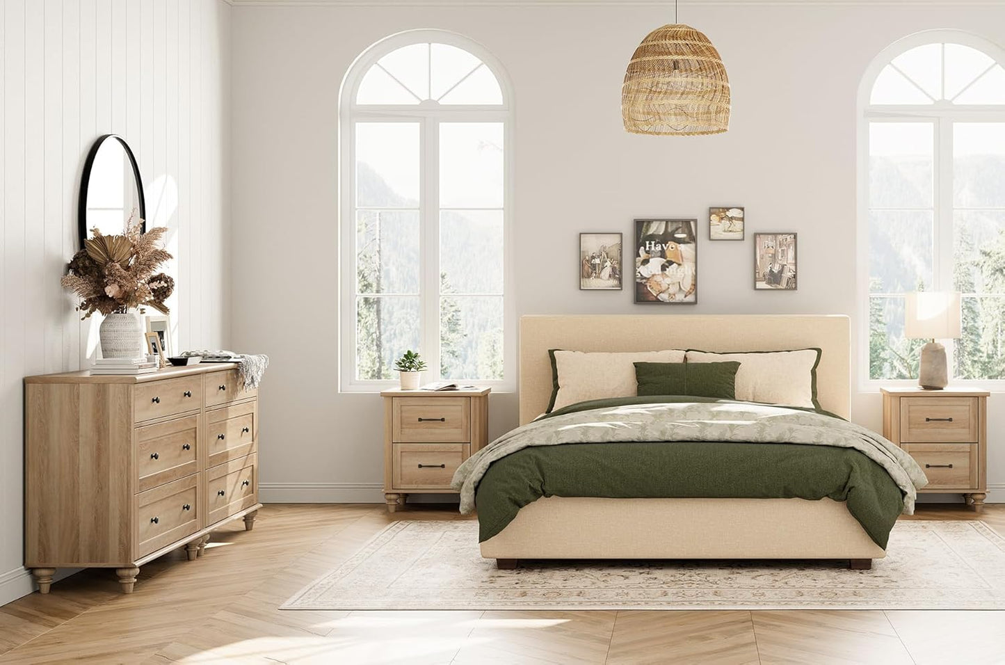 WAMPAT 4 Piece Bedroom Set, Set of 2 Wooden Dressers with 3 Drawers, Set of 2 Rattan Bedside Table Side Tables with Charging Station, 4 Piece Dresser and Nightstand Sets, Oak