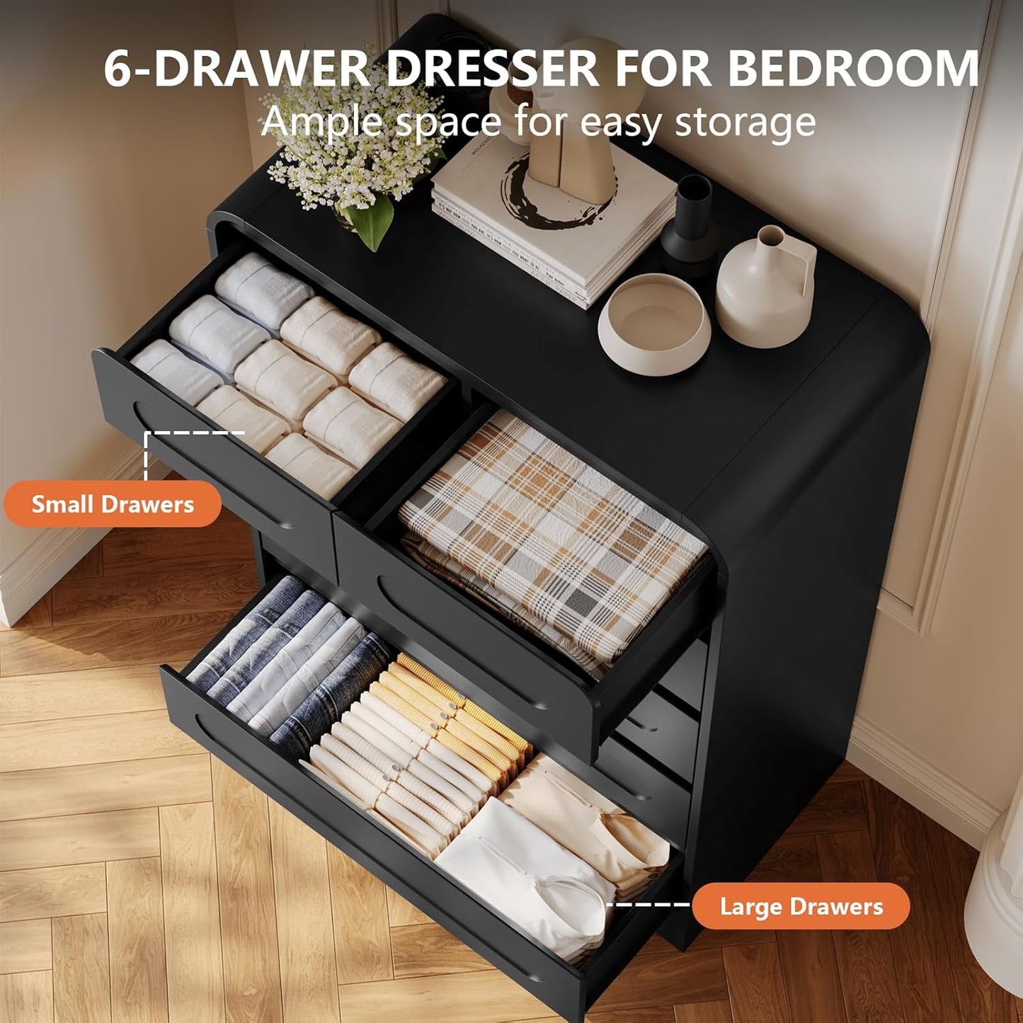4 Pcs Bedroom Set, Dresser and Nightstand Sets, Including Modern Wooden Tall 6 Drawer Dressers, Wide 6 Drawers Dresser & Night Stand Set of 2 for Bedroom, Black