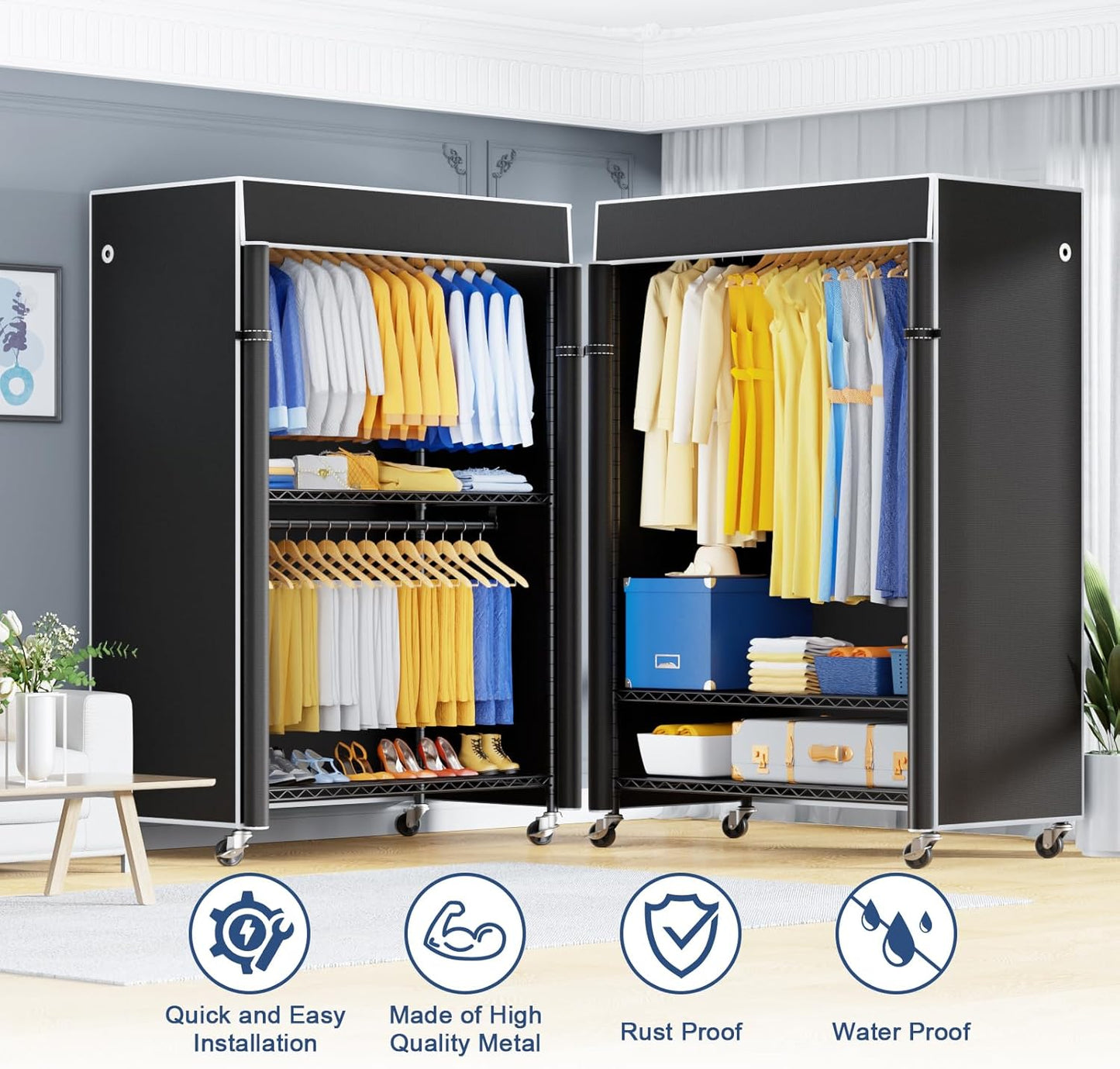 P8C Heavy Duty Clothes Rack(With Extended Width Design) Rolling Clothing Racks for Hanging Clothes with Lockable Wheels,51.2"W x 15.8"D x 80.5"H,Max Load 700LBS,Black Rack with Black Cover