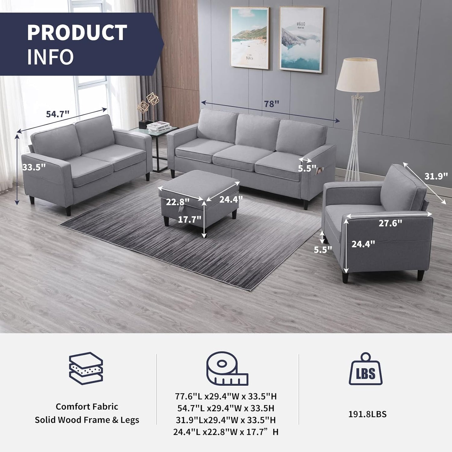 4 Piece Living Room Sofa Sets, 3 Seat Sofa and Loveseat & Chair Set, Modular Sectional Sofas Couch with Storage Ottoman & Armchair, Furniture Couches for Living Room, Bedroom - Light Grey