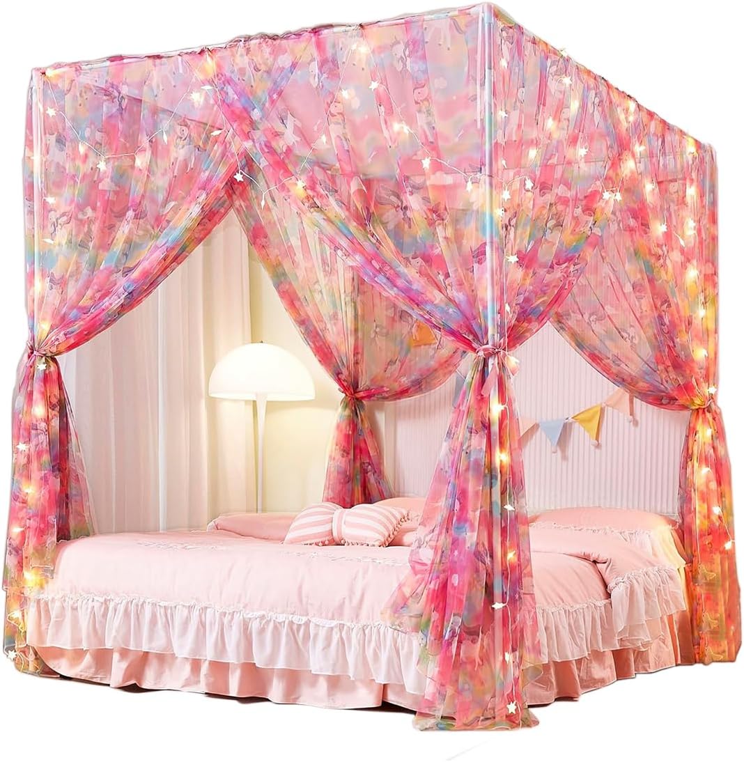 Mengersi Rainbow Canopy Bed Curtains with Lights - Princess Bed Canopy for Girls - Bed Drapes Netting- Bedroom Decoration Accessories,Full