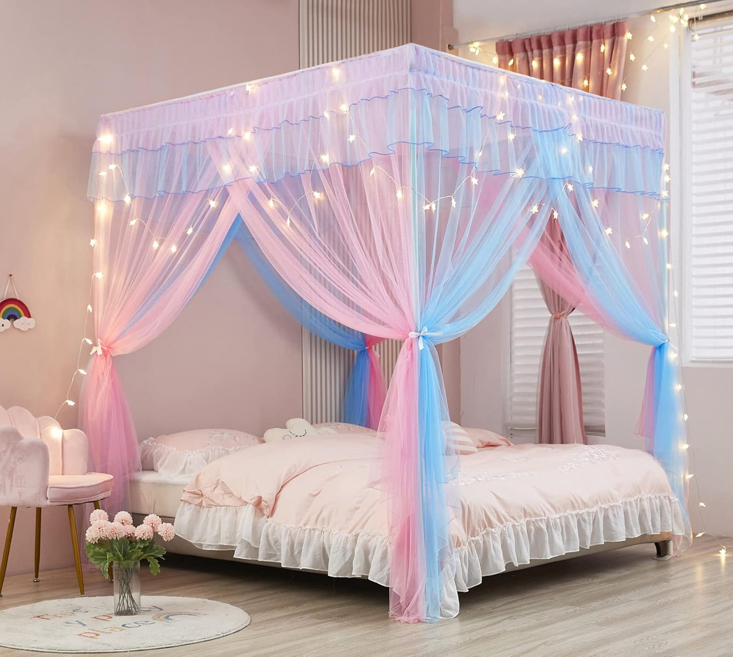 Mengersi Rainbow Canopy Bed Curtains with Lights - Princess Bed Canopy for Girls - Bed Drapes Netting- Bedroom Decoration Accessories,Full