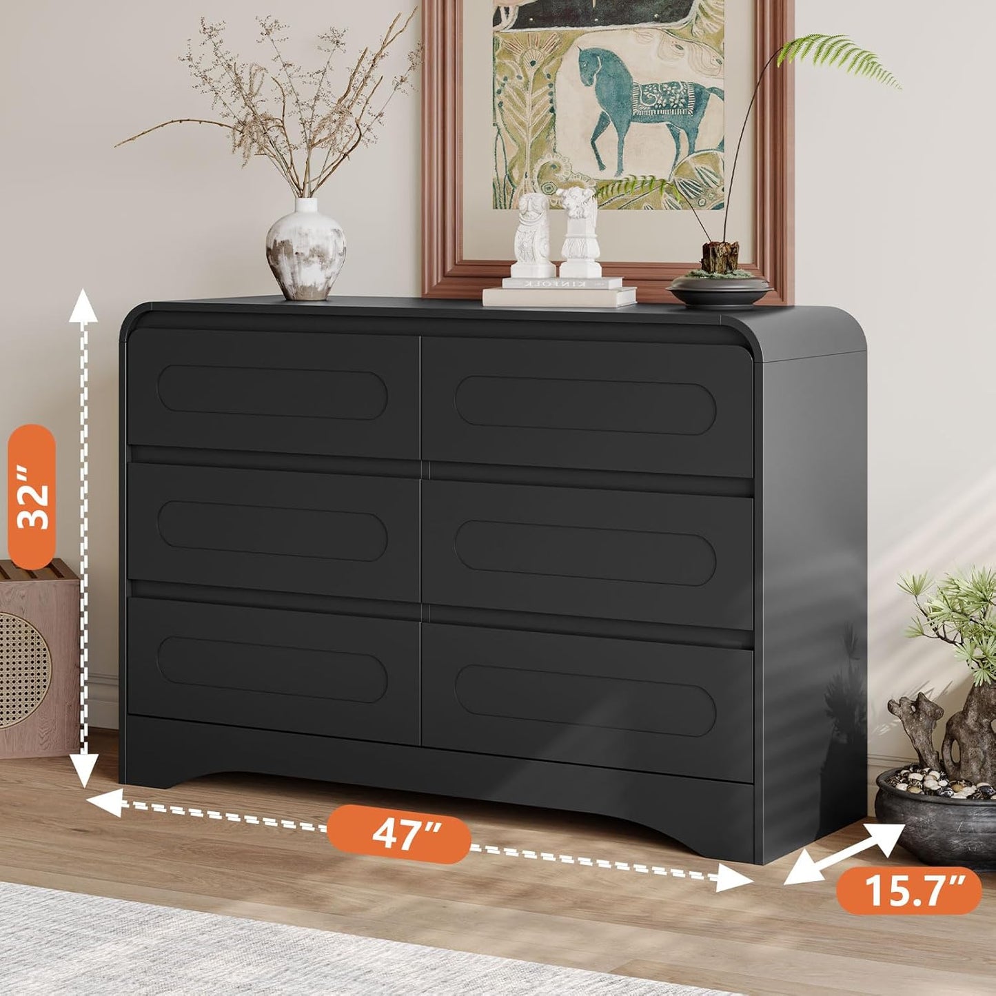 4 Pcs Bedroom Set, Dresser and Nightstand Sets, Including Modern Wooden Tall 6 Drawer Dressers, Wide 6 Drawers Dresser & Night Stand Set of 2 for Bedroom, Black