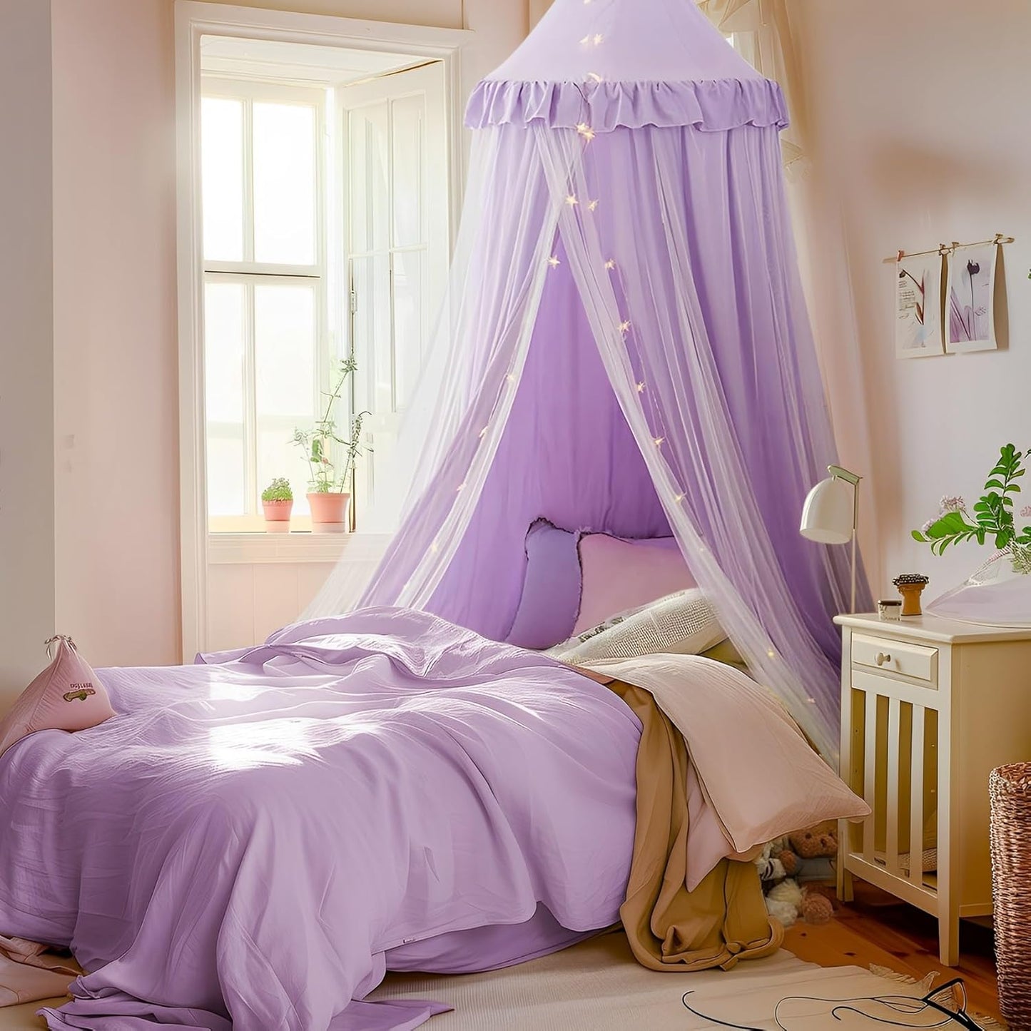 Bed Canopy with Star Lights, Double Layer Canopy for Bed, Princess Play Tent for Girls Room, Breathable Canopy Bed Curtain for Children Reading Nook, Machine Washable Canopy, 25.6''x106'', Pink