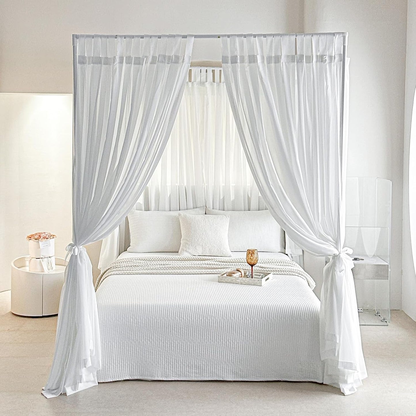 AIKASY Canopy Bed Board with Top and Self-Adhesive Strips, White Gauze Princess Bed Canopy Curtain Tent, Creating a Romantic Atmosphere in The Room(Full/Queen,White)