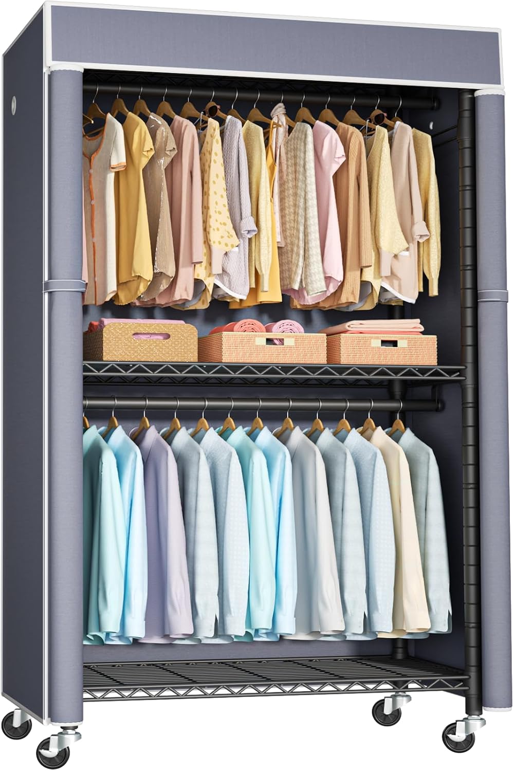 Clothing Rack with Cover, P1C Rolling Closets with Wheels, Metal Garment Rack for Hanging Clothes, Clothing Storage Wardrobe with Cover, 36.2" W x 16.5" D x 80.5" H, Black, Load 450 Pounds