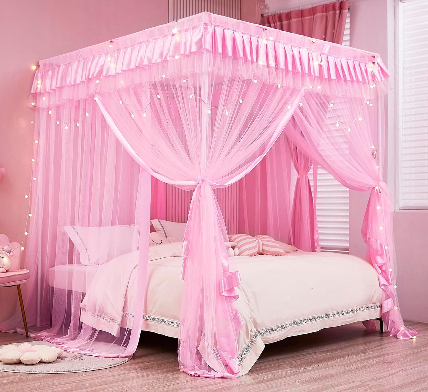 Mengersi Rainbow Canopy Bed Curtains with Lights - Princess Bed Canopy for Girls - Bed Drapes Netting- Bedroom Decoration Accessories,Full