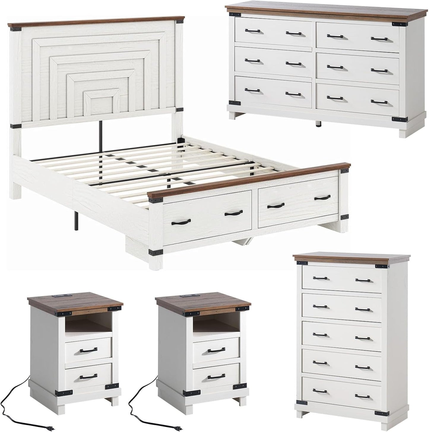 AMERLIFE 5 Pieces Farmhouse Bedroom Set, Includes Wood Rustic Queen Bed Frame with 54" Tall Headboard, 6 Drawer Dresser Chest, 5 Drawer Tall Dresser, Nightstands Set of 2 with Charging Station, White