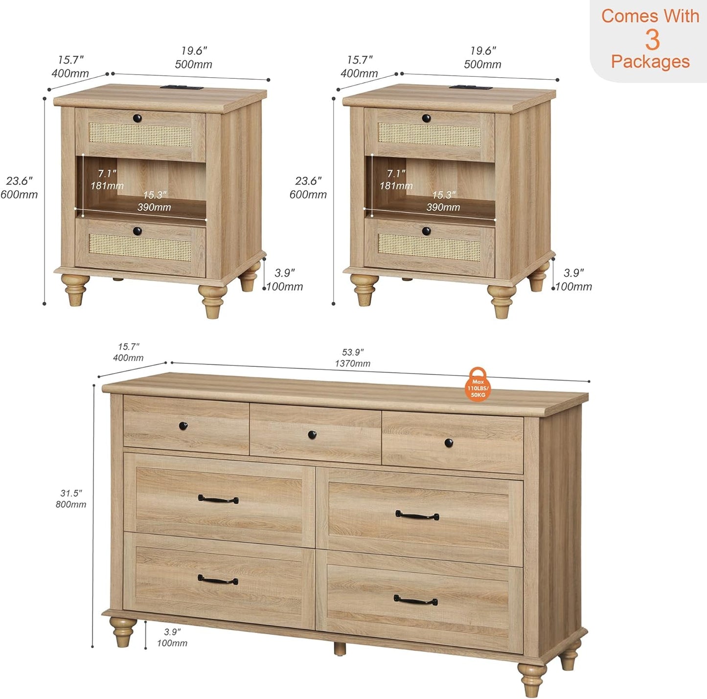 WAMPAT 3 Piece Bedroom Set - Includes Bedroom 7 Drawer Dresser, Set of 2 Rattan Bedside Tables with Charging Station, 3 Piece Dresser and Nightstand Sets, Oak