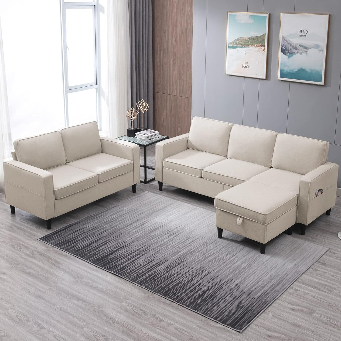 4 Piece Living Room Sofa Sets, 3 Seat Sofa and Loveseat & Chair Set, Modular Sectional Sofas Couch with Storage Ottoman & Armchair, Furniture Couches for Living Room, Bedroom - Light Grey