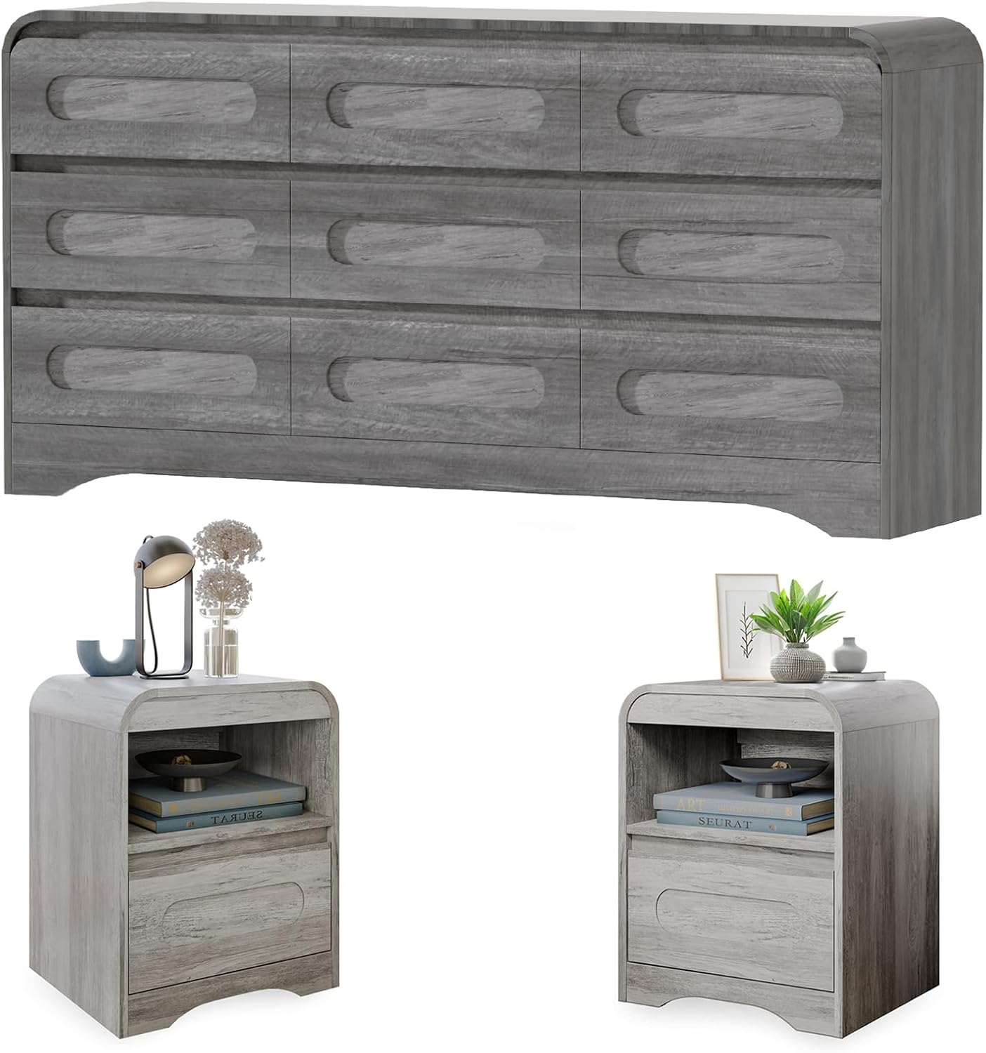 4 Pcs Bedroom Set, Dresser and Nightstand Sets, Including Modern Wooden Tall 6 Drawer Dressers, Wide 6 Drawers Dresser & Night Stand Set of 2 for Bedroom, Black