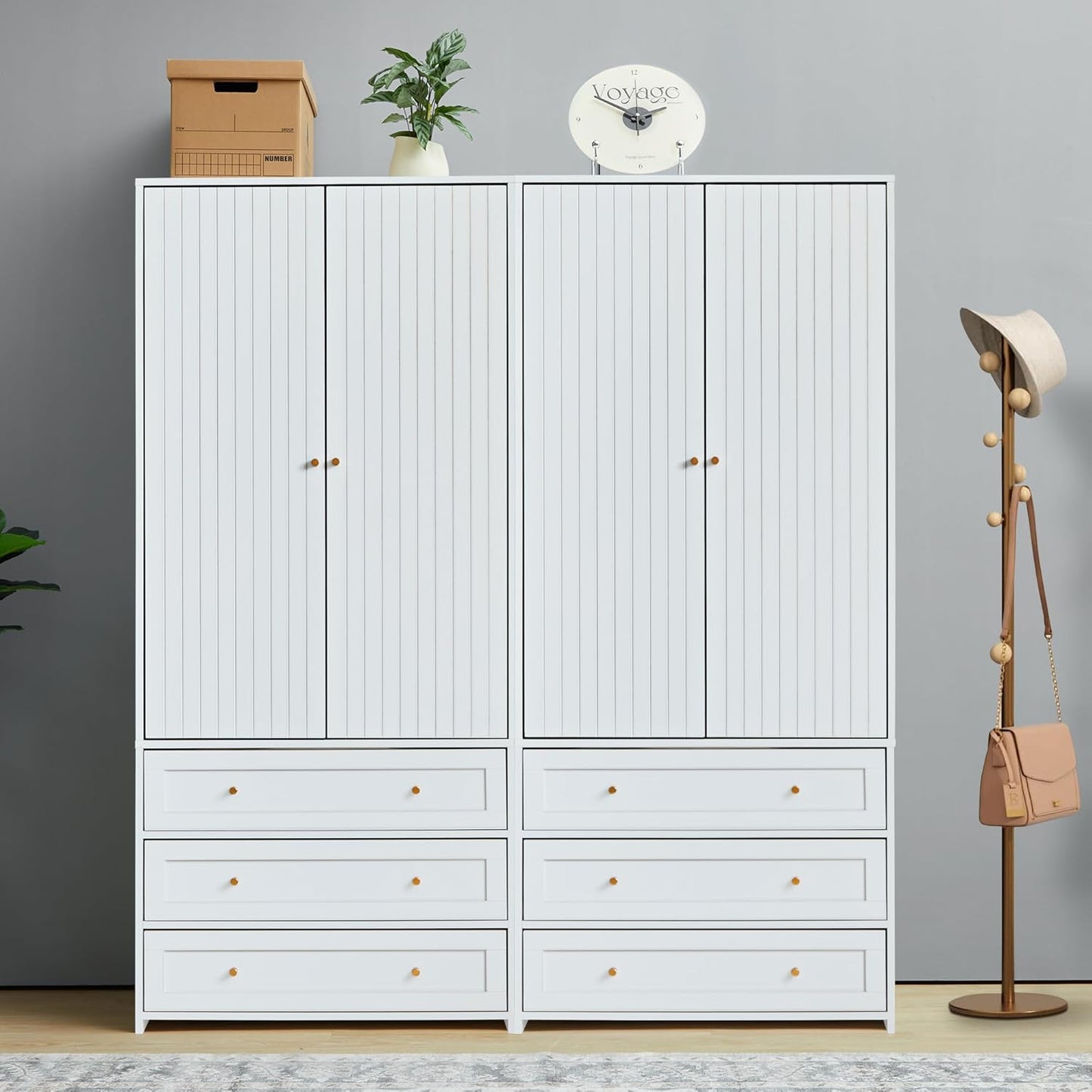 Armoire Wardrobe Closet with 4 Doors and 6 Drawers, 70.87" Tall Wooden Clothes Closet Wardrobe Cabinet, Freestanding Bedroom Storage Armoire for Hanging Clothes, 2-Piece (Black)