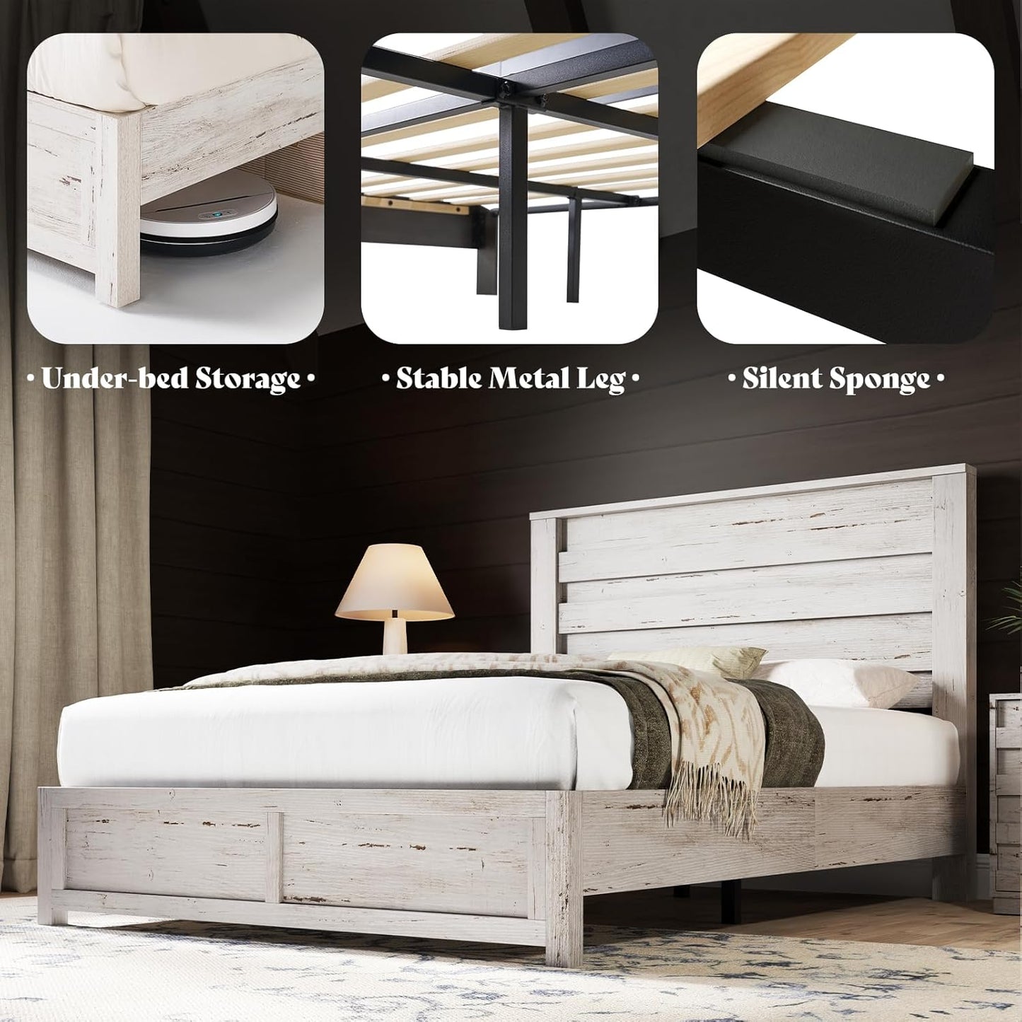 AMERLIFE 2-Piece Farmhouse Bedroom Set, Queen Size Bed Frame and 6 Drawer Dresser, Platform Bed with 49" Fluted Headboard, 54" Wide Wood Chest of Drawer for Bedroom, Distressed White