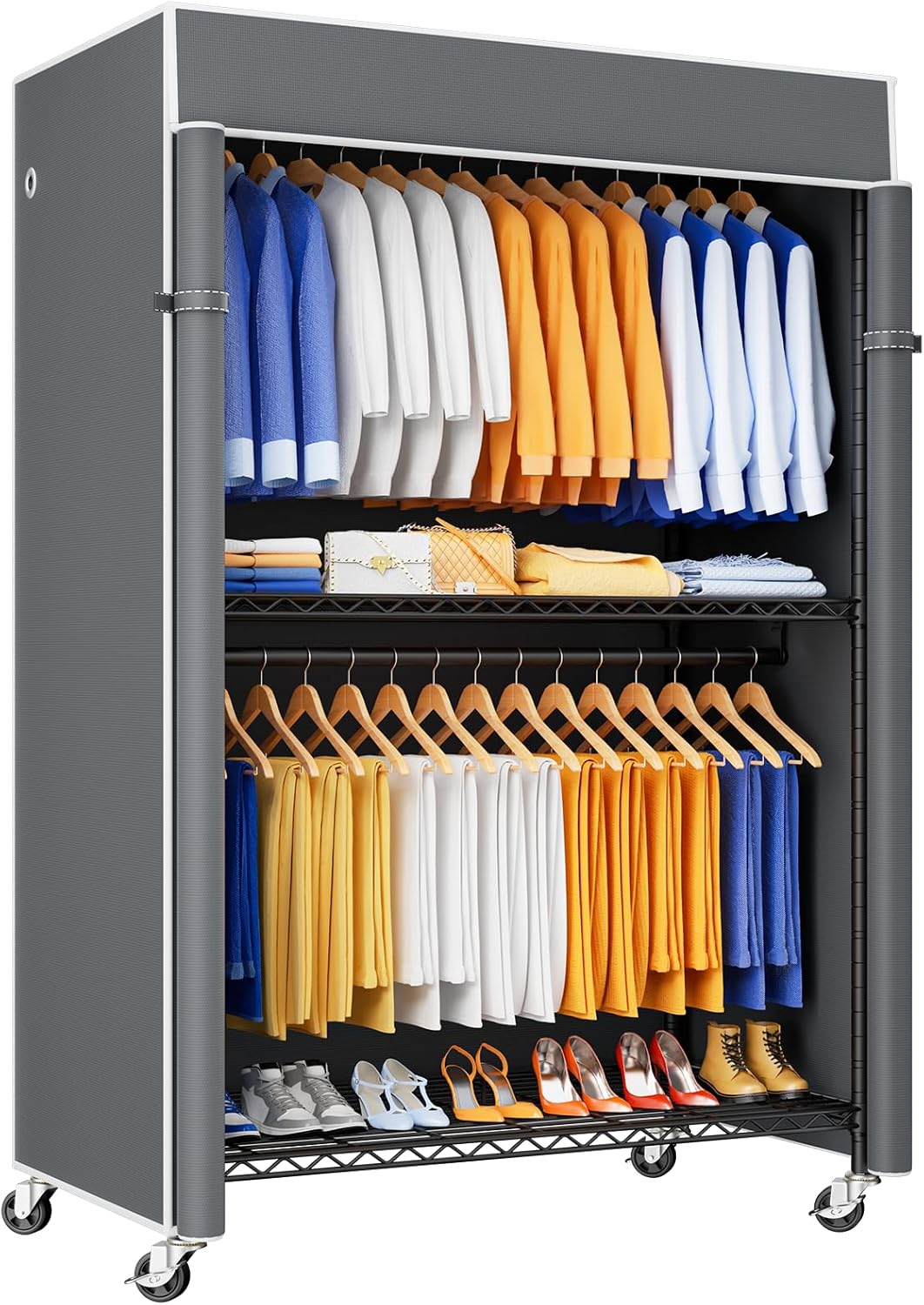 P8C Heavy Duty Clothes Rack(With Extended Width Design) Rolling Clothing Racks for Hanging Clothes with Lockable Wheels,51.2"W x 15.8"D x 80.5"H,Max Load 700LBS,Black Rack with Black Cover