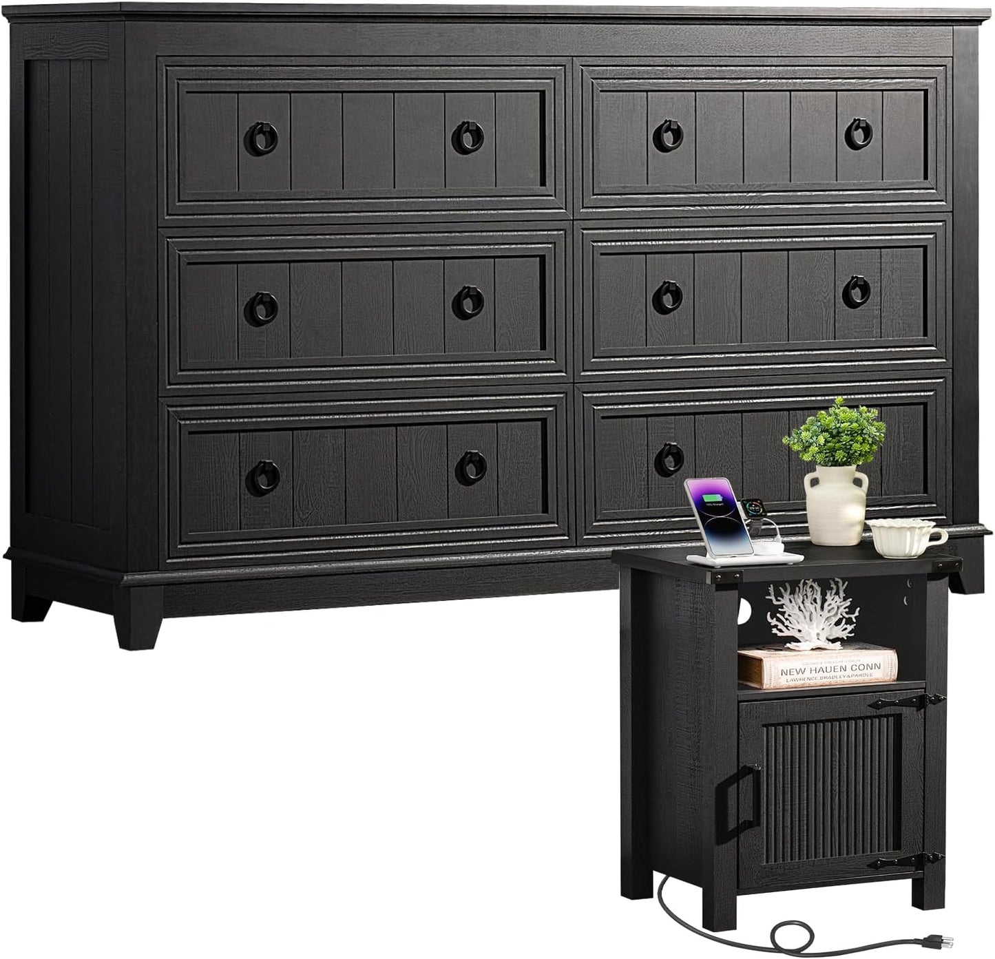 Farmhouse Dresser and Nightstand Sets 3 Piece, Furniture Set 18" Night Stand with Charging Station and 6 Drawers Dressers for Bedroom, 54" Dresser and Nightstand Set for Bedroom, Living Room