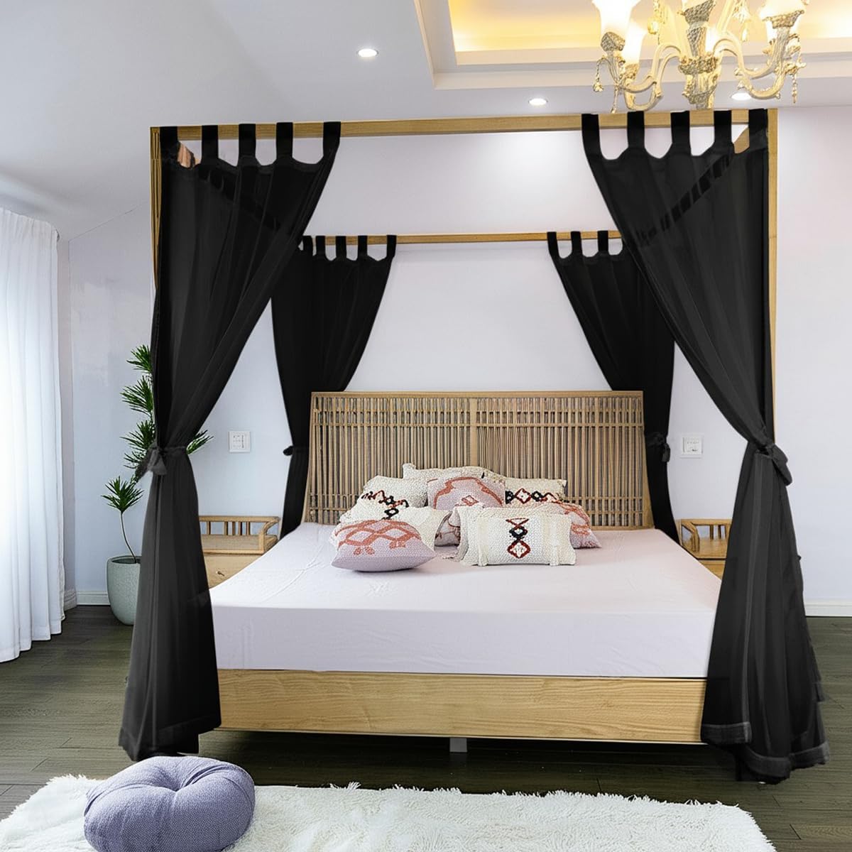 Linentalks Sheer Canopy Bed Curtains for King, Queen, Full and Twin Bed, 4 Corner Bed Canopies & Drapes, Four Poster Bed Canopy Curtains Beds, Sheer Curtains for Canopy Bed Drapes, White