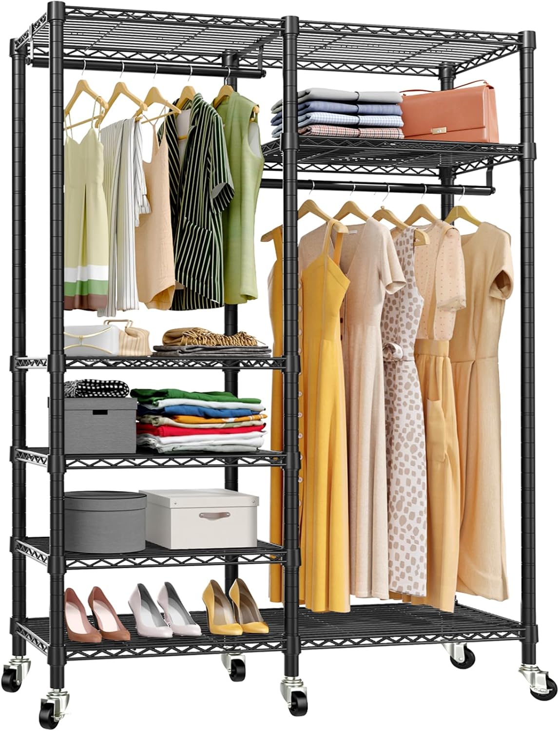 VIPEK R4C Portable Closet Rolling Clothes Rack Heavy Duty Adjustable Wardrobe Metal Garment Racks with Lockable Wheels Black Clothing Rack with Black Upgraded Polyester Cover, Max Load 620lbs