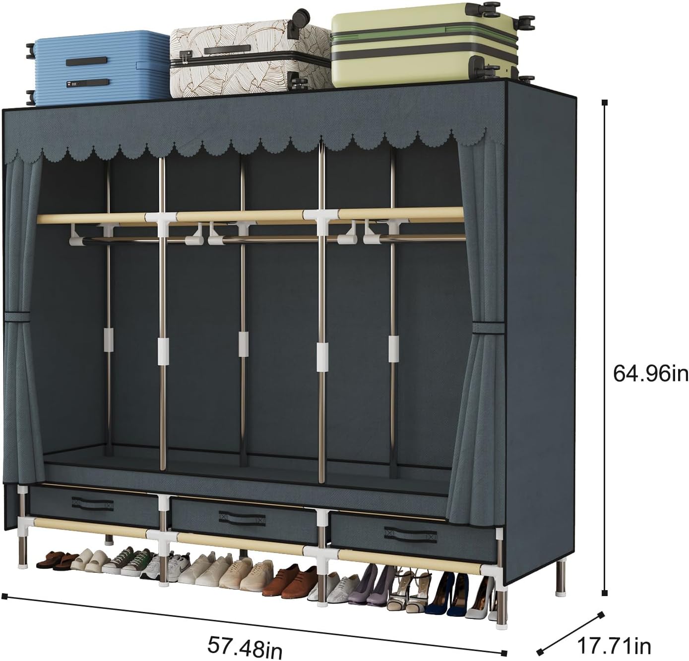 Portable Wardrobe, Freestanding Closet Hanging Organization, Metal Frame with Gray Fabric Cover, 3 Storage Compartments, 3 Hanging Rods, 3 Drawers.