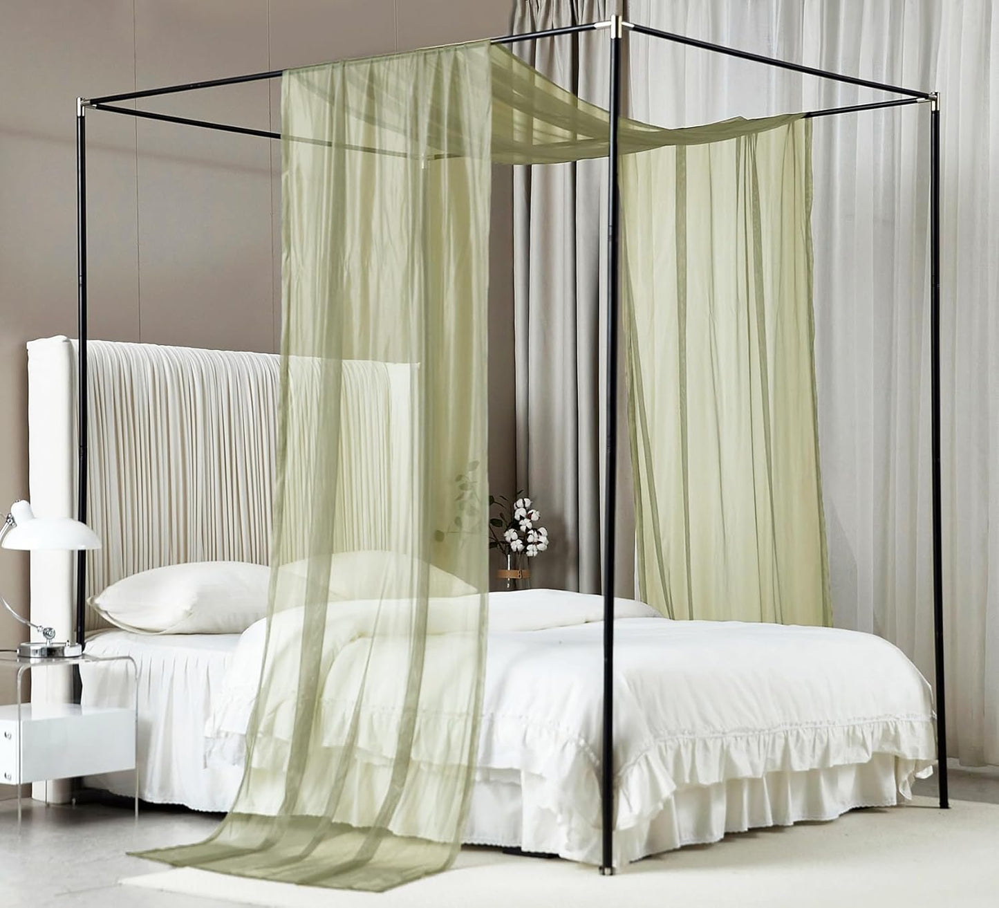 Akiky Canopy Bed Curtains with Light Princess Bed Canopy Scarf for Full/Queen Metal Bed Frame,Wood Frame Bed-2 Panel Sheer Curtain(Full/Queen,White)