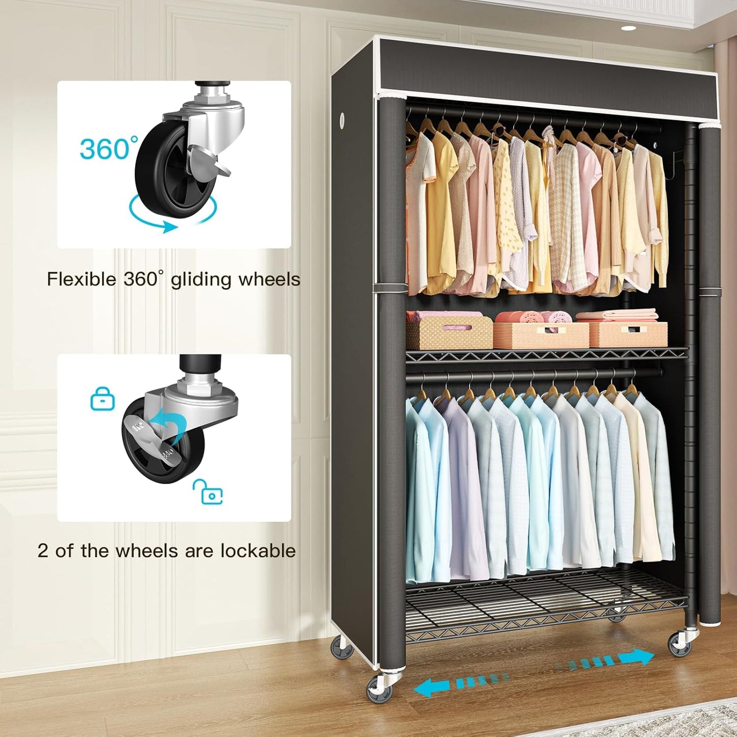 Clothing Rack with Cover, P1C Rolling Closets with Wheels, Metal Garment Rack for Hanging Clothes, Clothing Storage Wardrobe with Cover, 36.2" W x 16.5" D x 80.5" H, Black, Load 450 Pounds