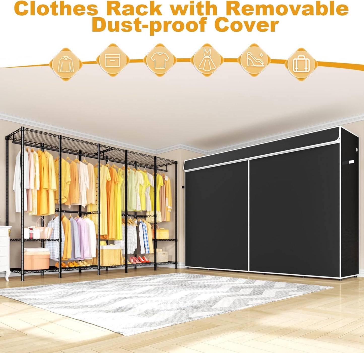 H50C Extra Large Clothes Rack with Cover, Freestanding Portable Closet, Covered Clothing Racks for Hanging Clothes, Heavy Duty Garment Rack, Wardrobe Closet with Black Cover Max Load 1350 Lbs