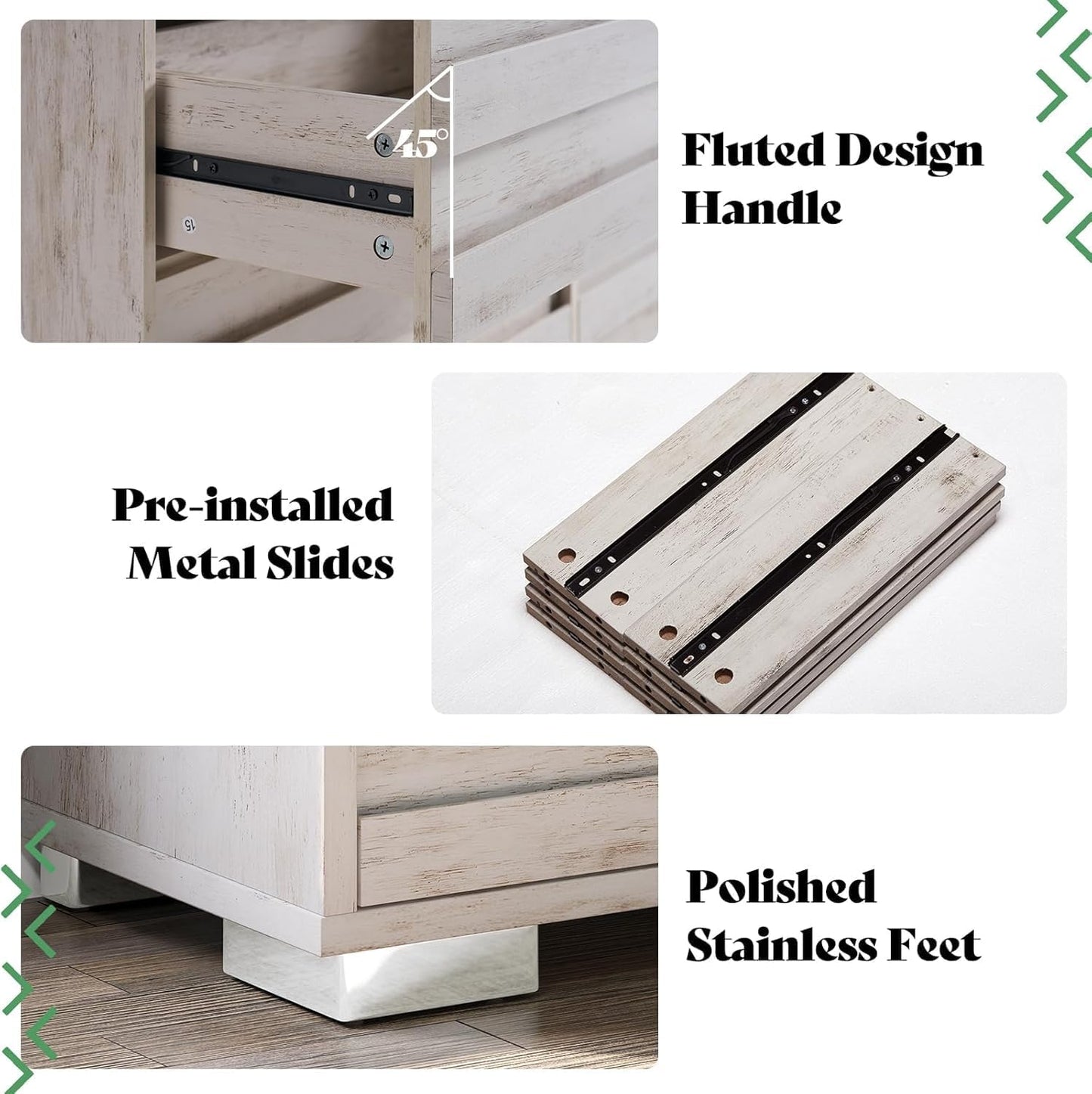 AMERLIFE 2-Piece Farmhouse Bedroom Set, Queen Size Bed Frame and 6 Drawer Dresser, Platform Bed with 49" Fluted Headboard, 54" Wide Wood Chest of Drawer for Bedroom, Distressed White