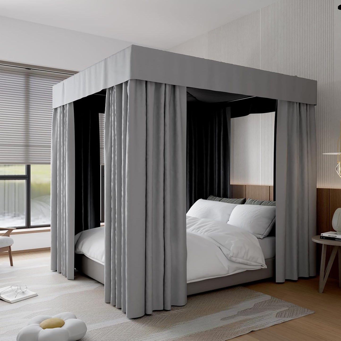 Hvqic Black Canopy Bed Drapes - 4 Corner Post Canopy Queen Bedroom Decoration (Queen, Black)