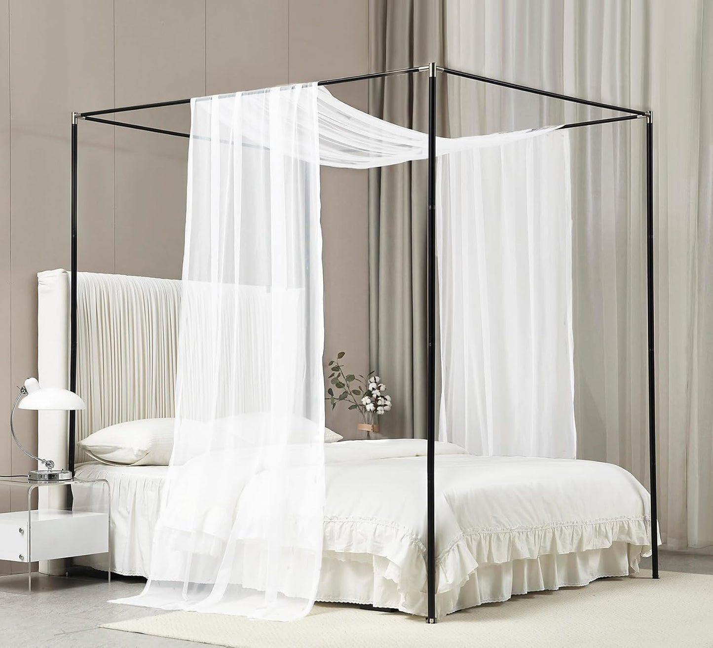 Akiky Canopy Bed Curtains with Light Princess Bed Canopy Scarf for Full/Queen Metal Bed Frame,Wood Frame Bed-2 Panel Sheer Curtain(Full/Queen,White)