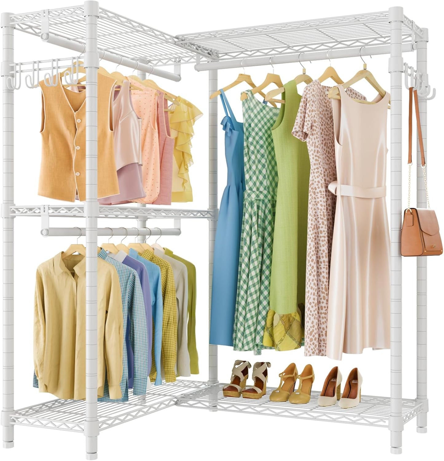 VIPEK L4 Garment Rack L Shaped Clothes Rack for Corner, Freestanding Portable Wardrobe Closet Heavy Duty Clothing Rack with 3 Hanging Rods & 2 Side Hooks, 43.3"Lx29.1"Wx76.4"H, Max Load 810LBS, Black