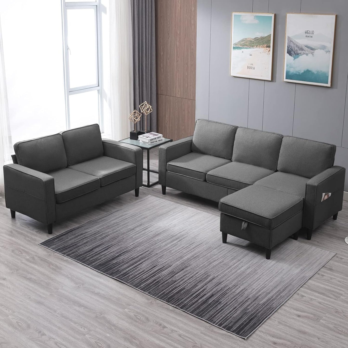 4 Piece Living Room Sofa Sets, 3 Seat Sofa and Loveseat & Chair Set, Modular Sectional Sofas Couch with Storage Ottoman & Armchair, Furniture Couches for Living Room, Bedroom - Light Grey