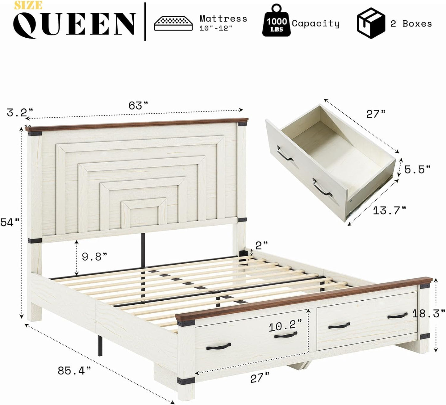 AMERLIFE 5 Pieces Farmhouse Bedroom Set, Includes Wood Rustic Queen Bed Frame with 54" Tall Headboard, 6 Drawer Dresser Chest, 5 Drawer Tall Dresser, Nightstands Set of 2 with Charging Station, White