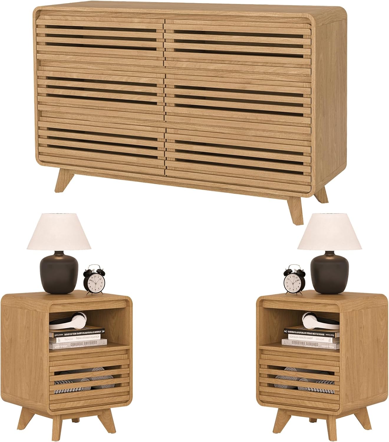 4 Pcs Bedroom Set, Dresser and Nightstand Sets, Including Modern Wooden Tall 6 Drawer Dressers, Wide 6 Drawers Dresser & Night Stand Set of 2 for Bedroom, Black