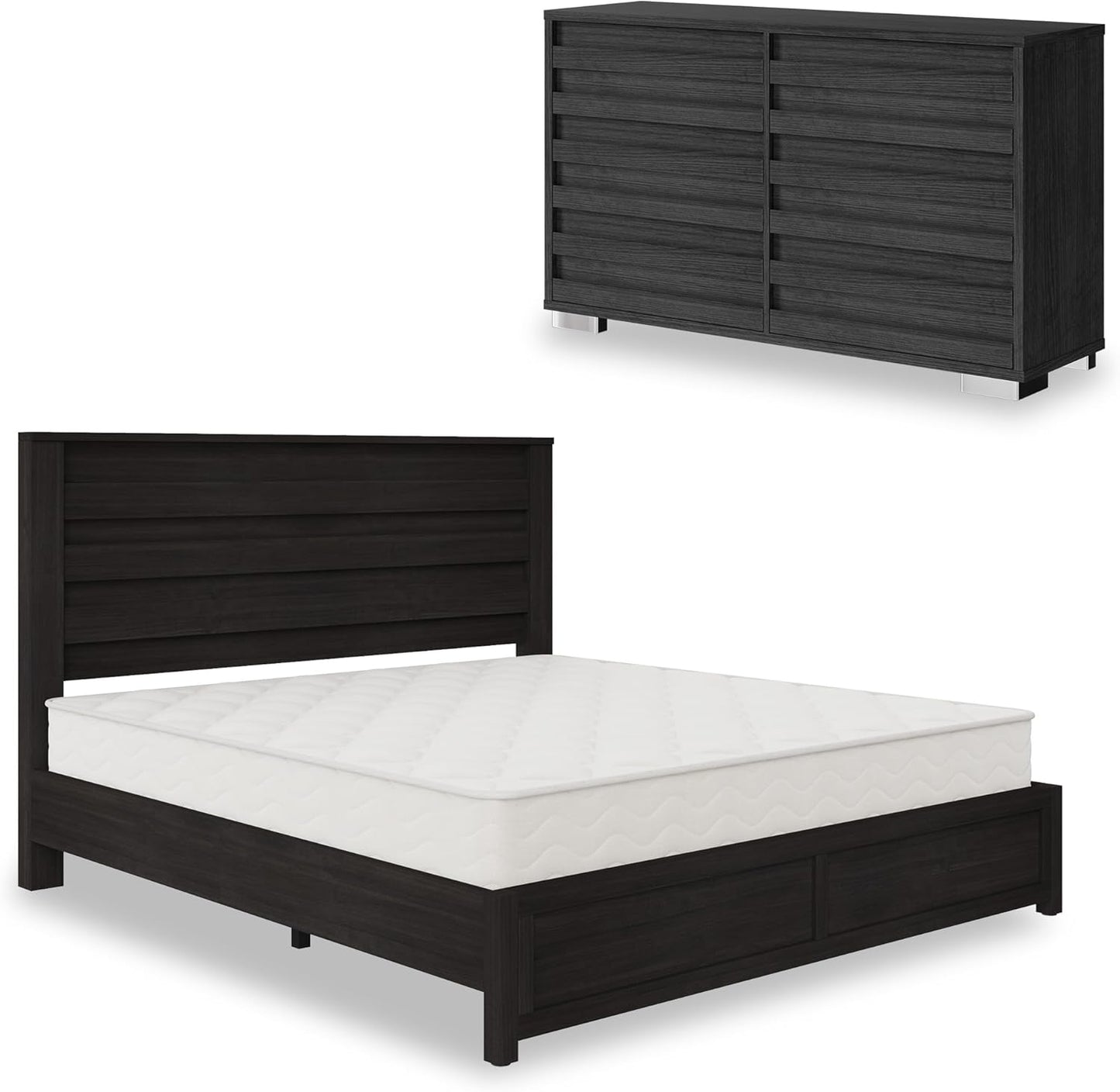 AMERLIFE 2-Piece Farmhouse Bedroom Set, Queen Size Bed Frame and 6 Drawer Dresser, Platform Bed with 49" Fluted Headboard, 54" Wide Wood Chest of Drawer for Bedroom, Distressed White