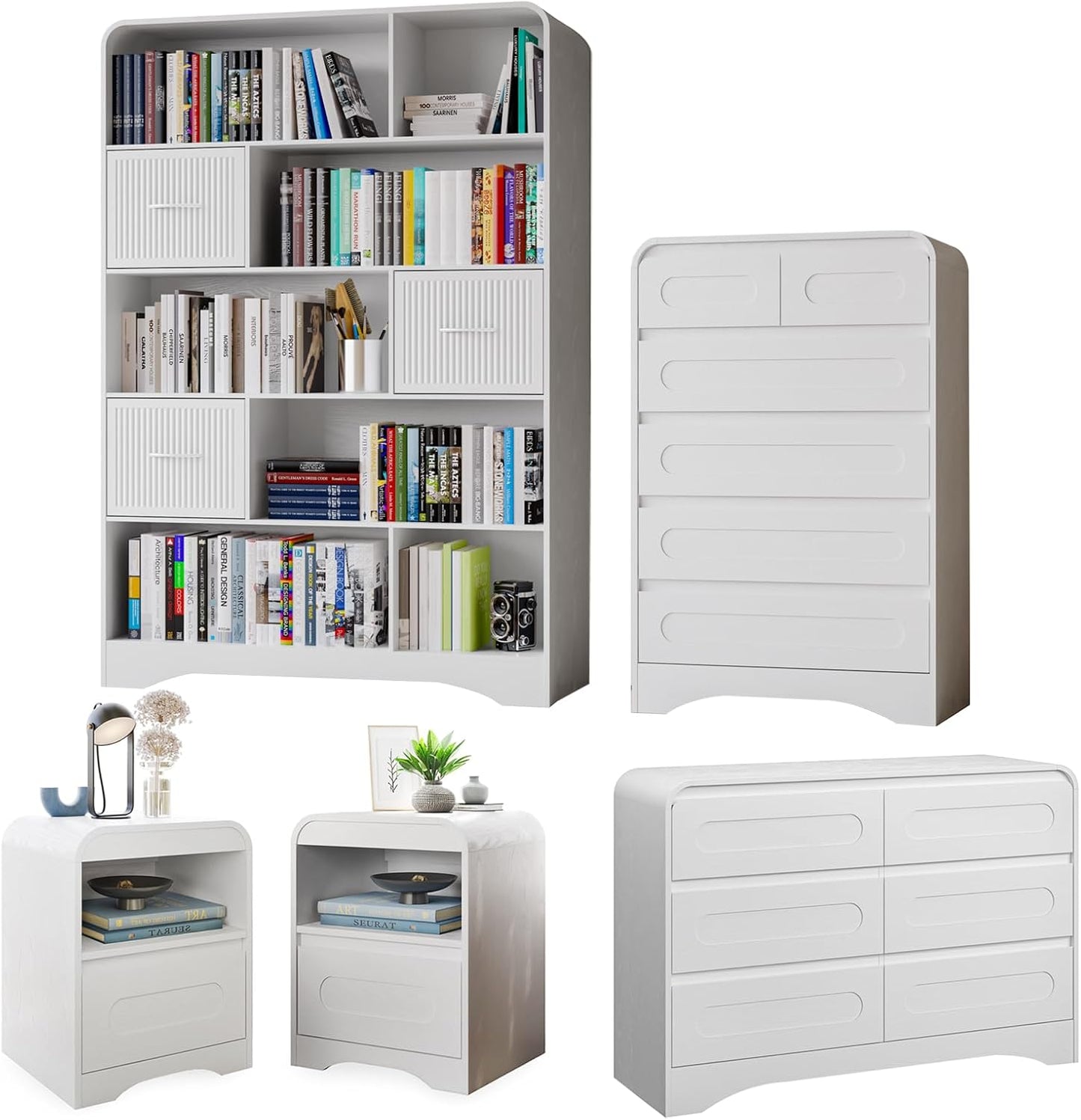 4 Pcs Bedroom Set, Dresser and Nightstand Sets, Including Modern Wooden Tall 6 Drawer Dressers, Wide 6 Drawers Dresser & Night Stand Set of 2 for Bedroom, Black