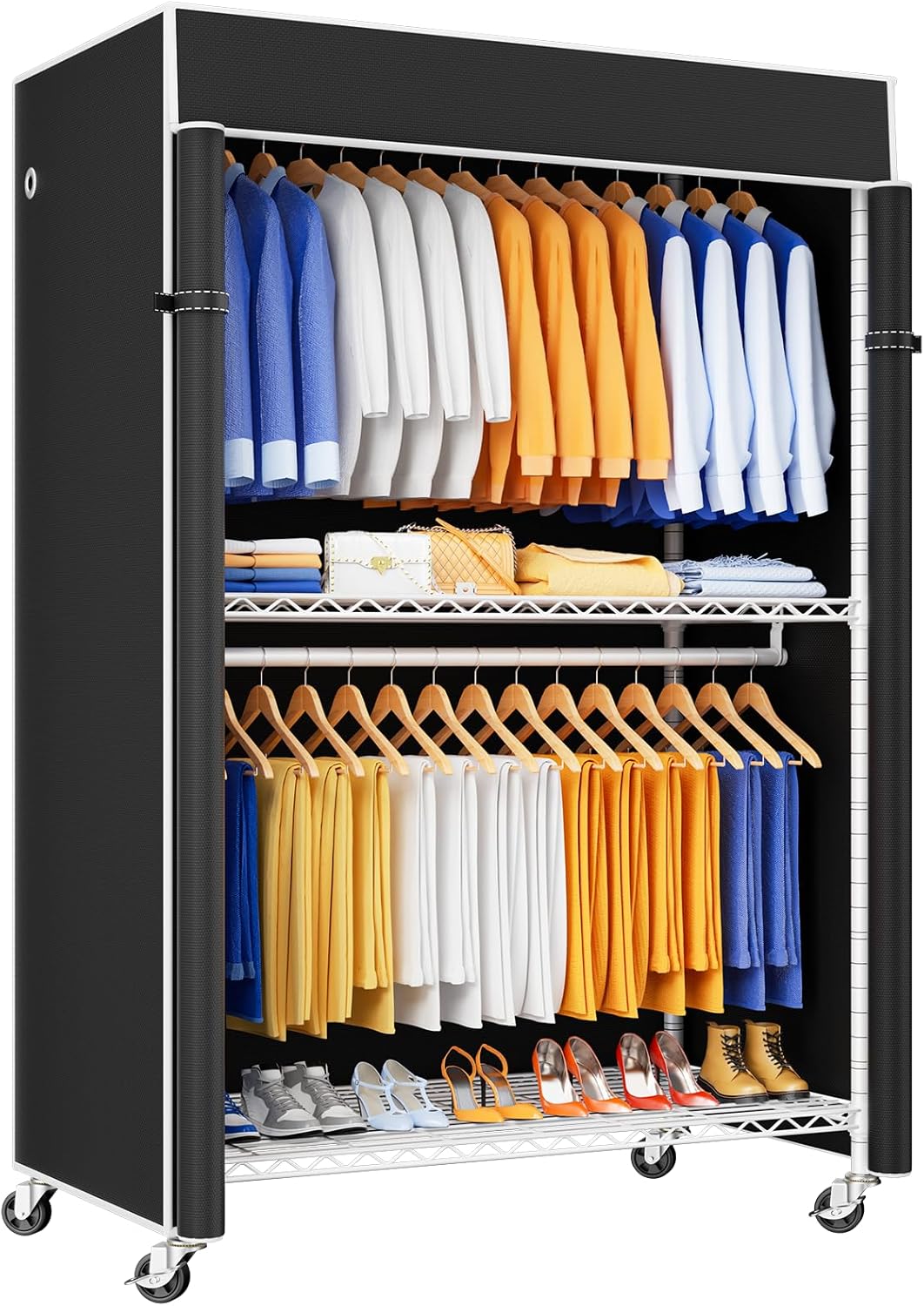 P8C Heavy Duty Clothes Rack(With Extended Width Design) Rolling Clothing Racks for Hanging Clothes with Lockable Wheels,51.2"W x 15.8"D x 80.5"H,Max Load 700LBS,Black Rack with Black Cover