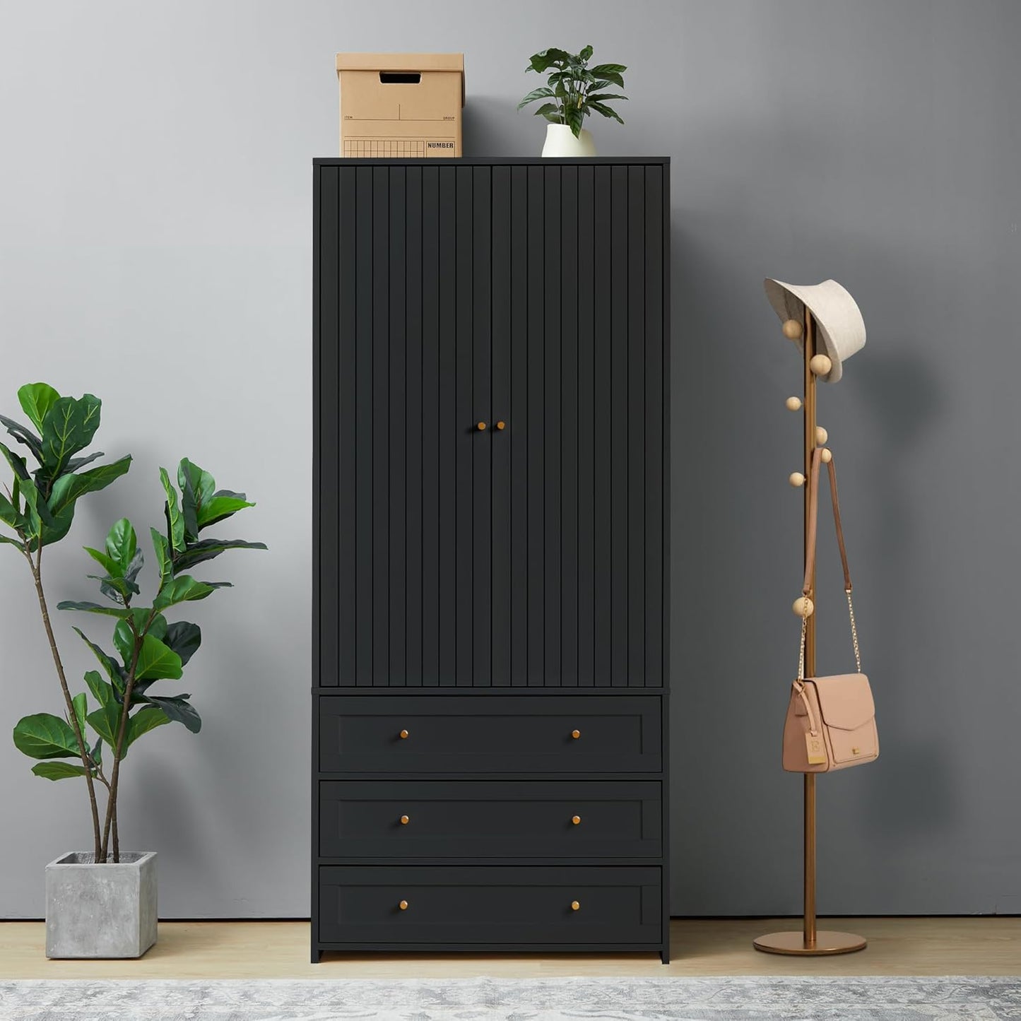 Armoire Wardrobe Closet with 4 Doors and 6 Drawers, 70.87" Tall Wooden Clothes Closet Wardrobe Cabinet, Freestanding Bedroom Storage Armoire for Hanging Clothes, 2-Piece (Black)