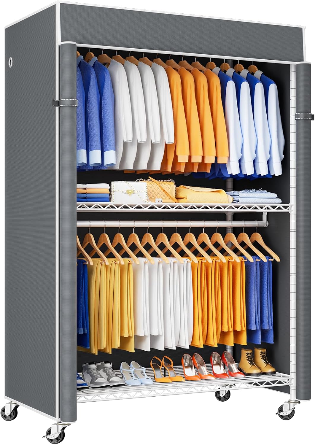 P8C Heavy Duty Clothes Rack(With Extended Width Design) Rolling Clothing Racks for Hanging Clothes with Lockable Wheels,51.2"W x 15.8"D x 80.5"H,Max Load 700LBS,Black Rack with Black Cover