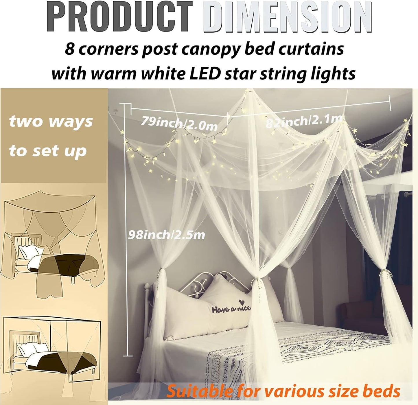 Obrecis White Bed Canopy with Lights for Girls Bedroom Decor, 8 Corner Princess Canopy Bed Curtains with Warm White LED Star String Lights Remote Control Canopy for Bed Twin Full Queen King Size Bed