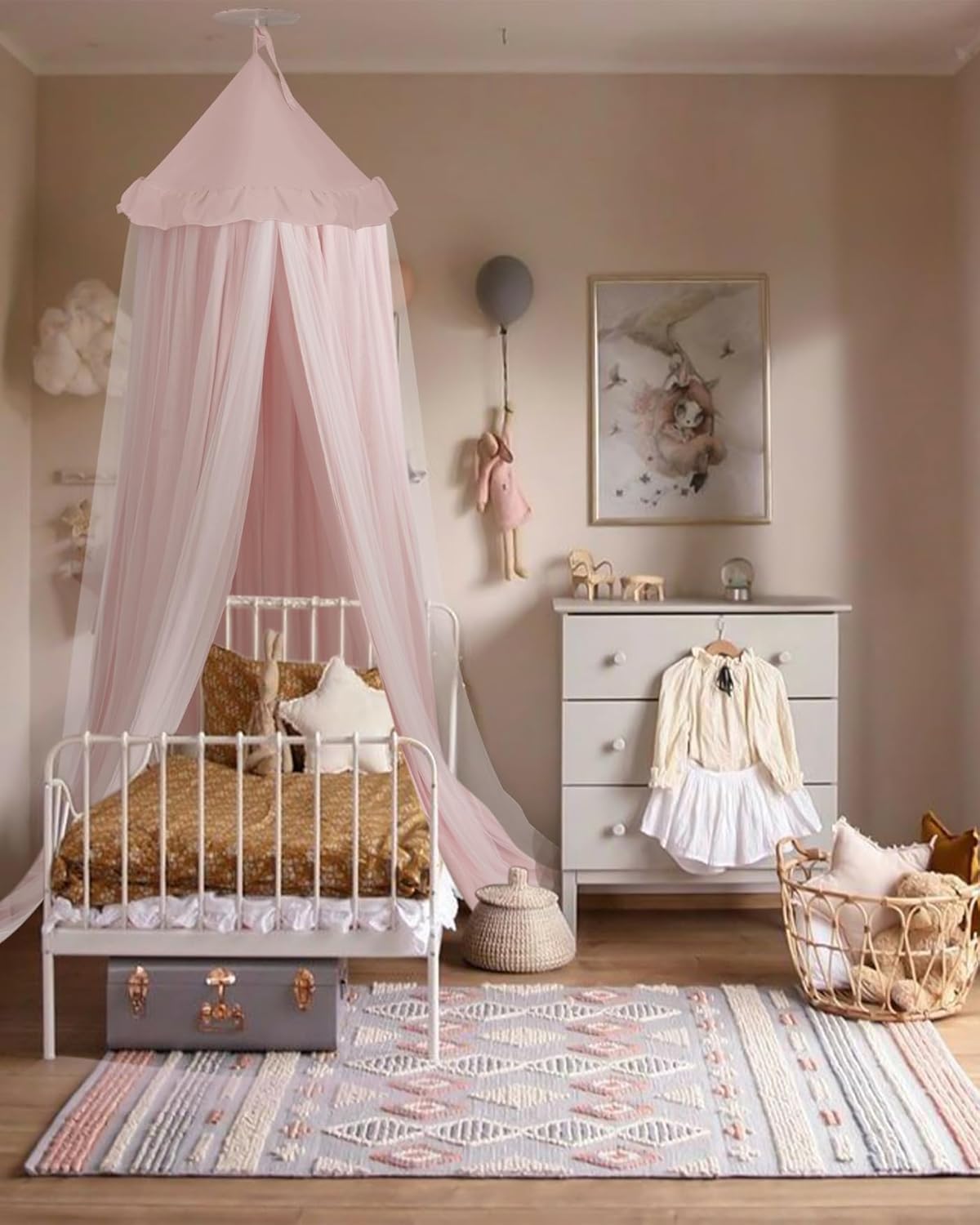 Bed Canopy with Star Lights, Double Layer Canopy for Bed, Princess Play Tent for Girls Room, Breathable Canopy Bed Curtain for Children Reading Nook, Machine Washable Canopy, 25.6''x106'', Pink